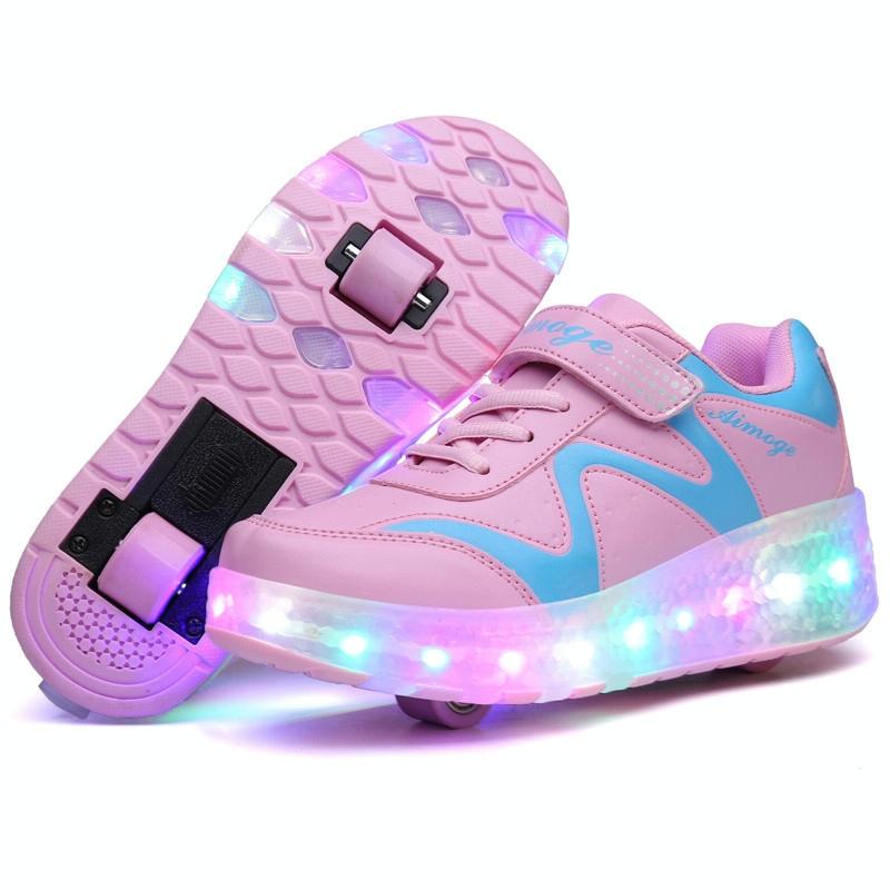 V562-F6393GO-202502212135-00 Rechargeable Led Roller Skates - Pink Size 30 - Image 1