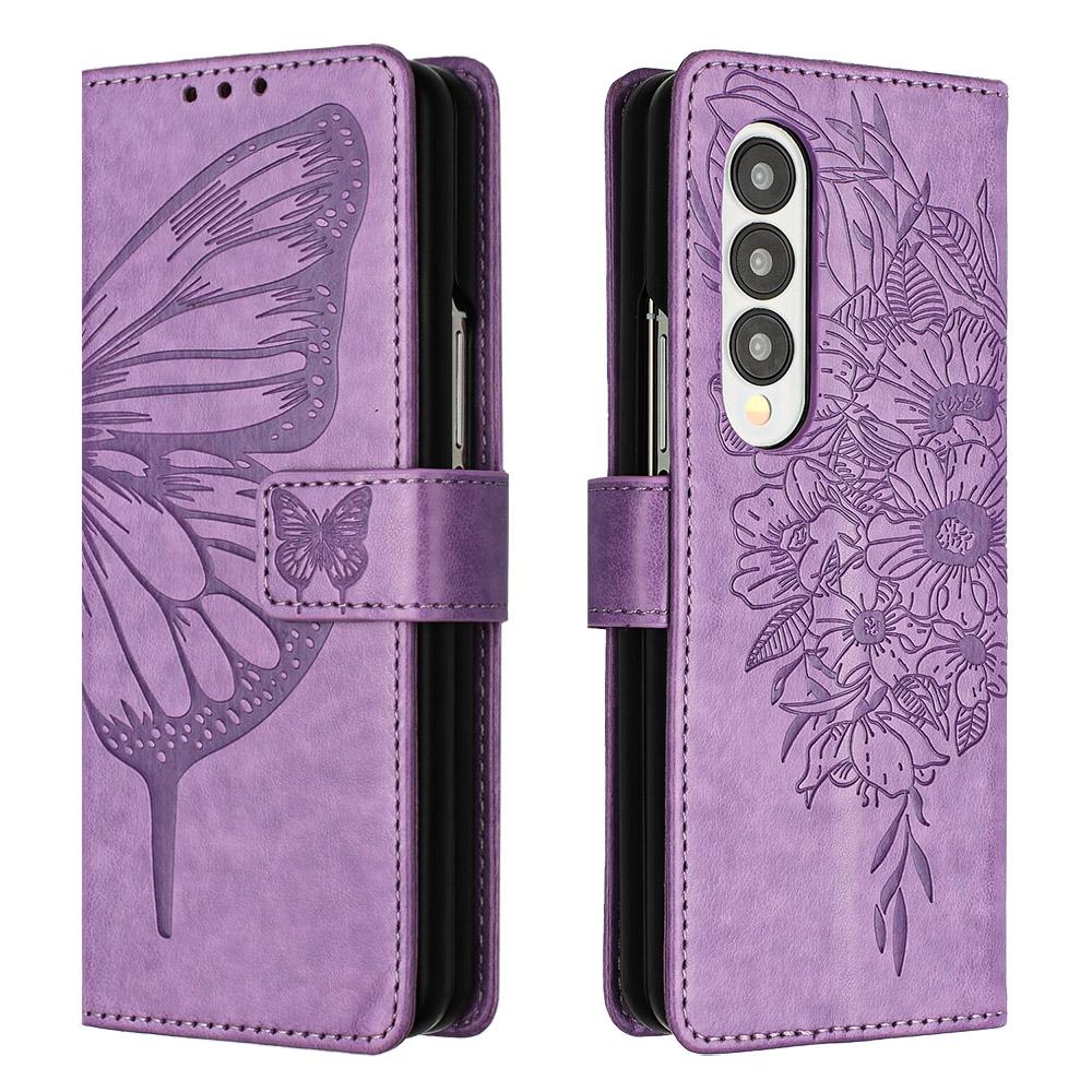 V562-G208387300ADE-227094-00 For Samsung Galaxy z Fold4 5G Butterfly Embossed Leather Phone Case - Light Purple - Image 1