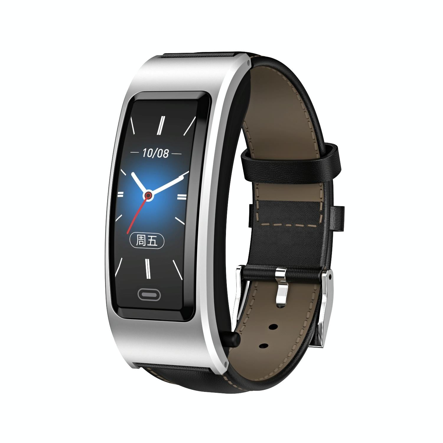 V562-H107755400ADE-202505271125-00 Bluetooth Sleep Heart Monitor Bracelet - B7 - Silver + Black Leather Belt - Image 1