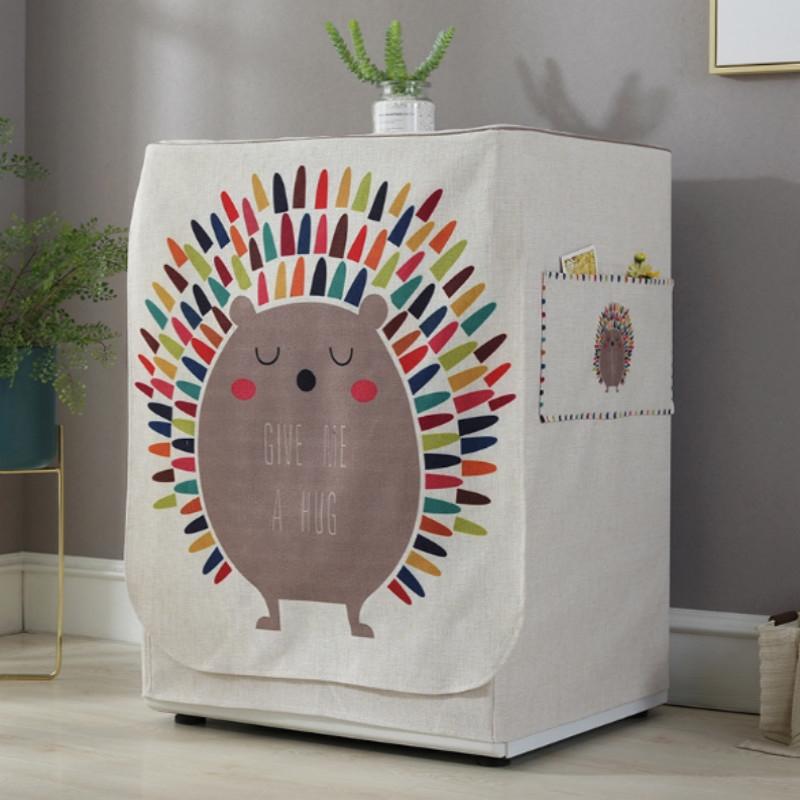 V562-J1042081020DBT-202504301028-00 Cartoon Cotton Linen Drum Roller Washing Machine Dust Cover - 83x60x60cm Size - Hedgehog - Image 1