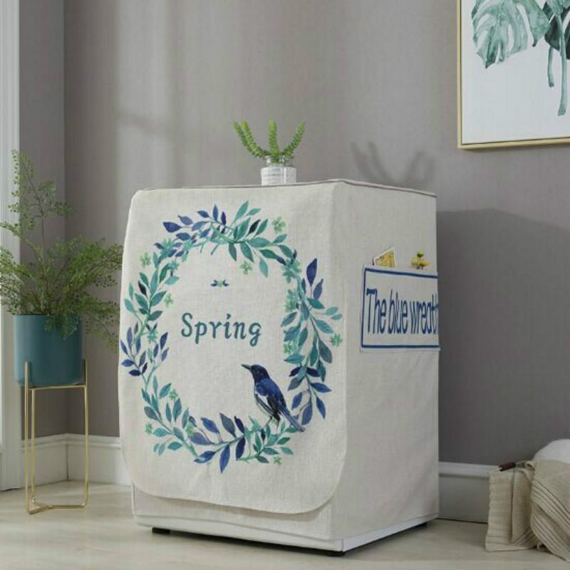 V562-L1042081020DBT-202504301030-00 Cartoon Cotton Linen Drum Roller Washing Machine Dust Cover - 83x60x60cm Size - Blue Flower - Image 1