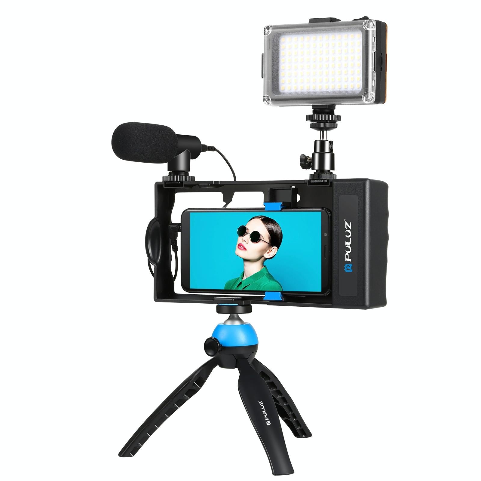 V562-L1213TKP-202503062130-00 Bluetooth Vlogging Kit With Led Light Mic Tripod - Blue - Image 1