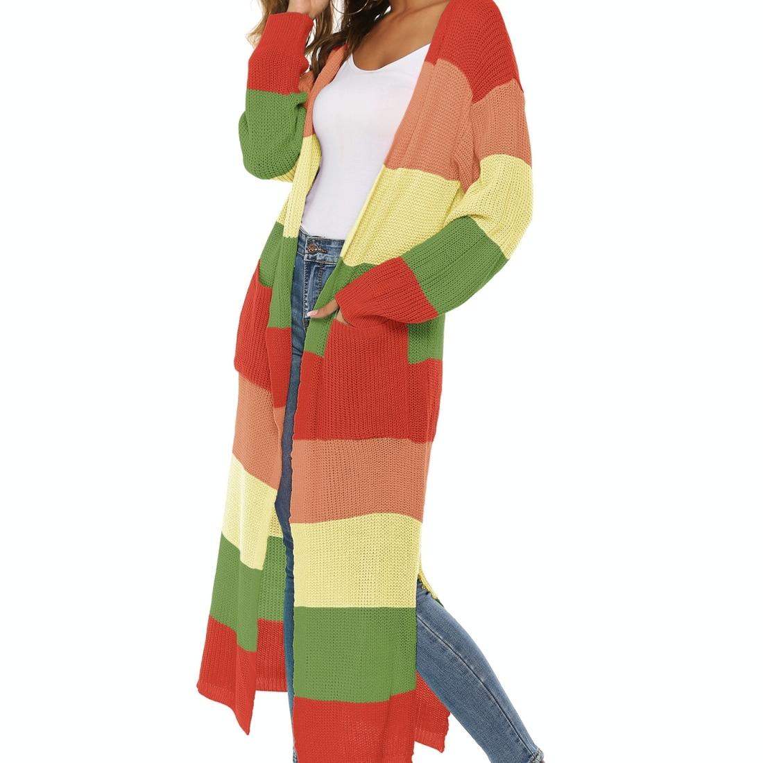 V562-QA31628542YZ-202505262021-00 Contrast Striped Knit Sweater Blue Pink - L - Orange Green M - Image 1