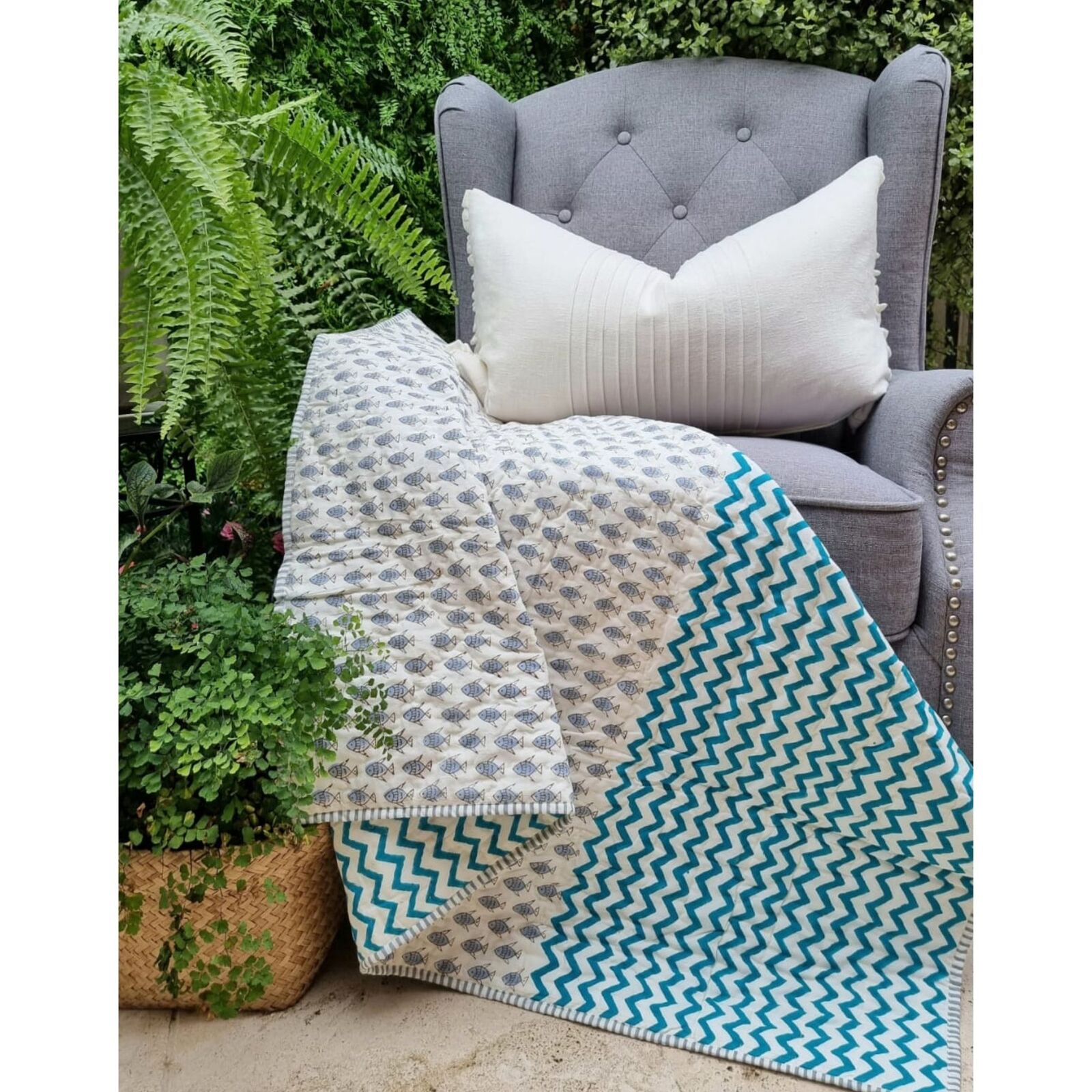 V563-0005-150383-00 GOTS Certified Organic Cotton Reversible Baby Quilt (100x120cm) - Little Fish (Blue) - Image 1