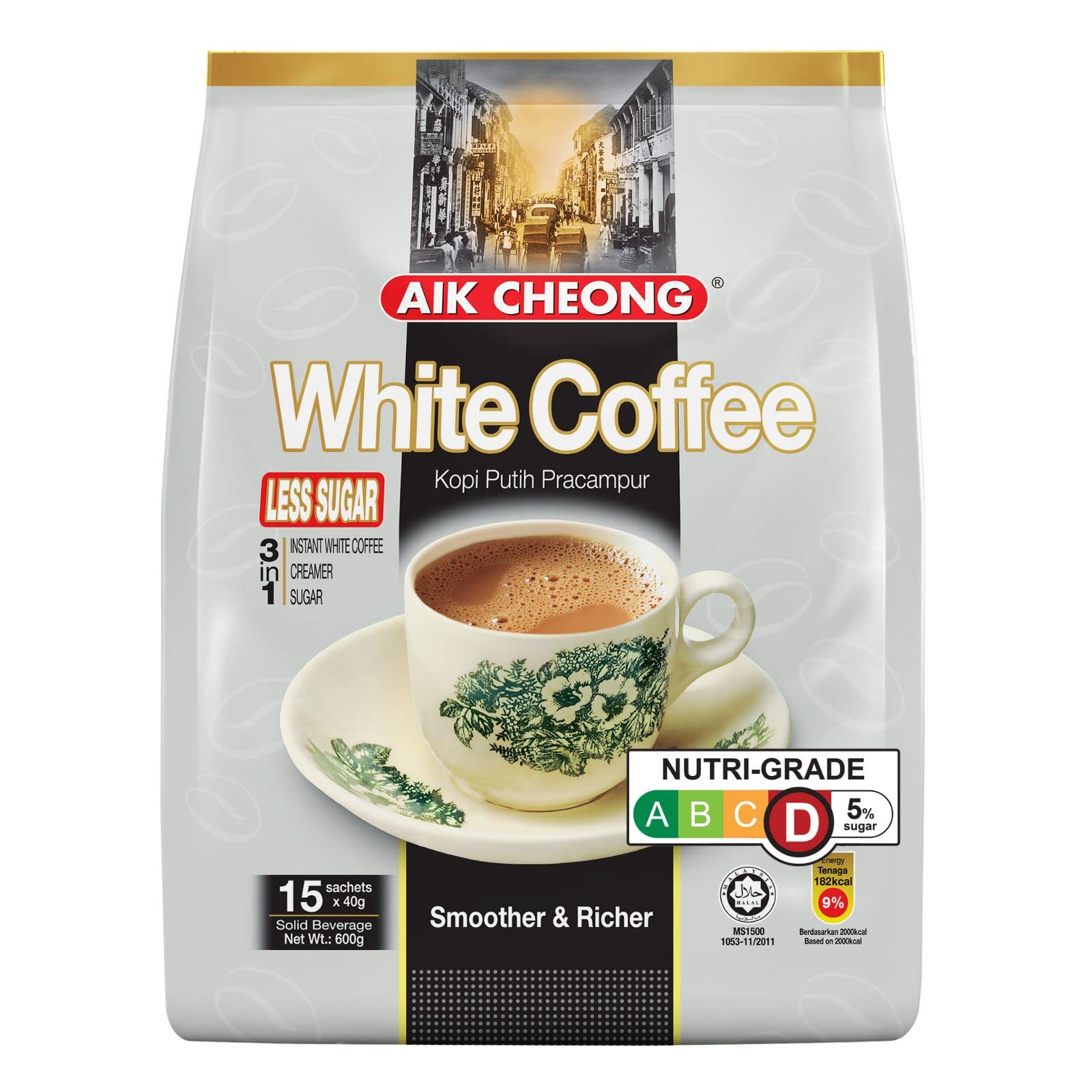 V563-0752-1PACK-202506241245-00 Aik Cheong White Instant Coffee 40g Sachets (Pack of 15) - Less Sugar (600g Total) - Image 1