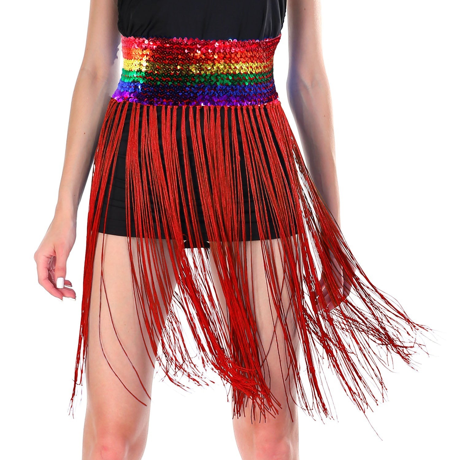 V563-12087-11-197261-00 Sequin Belt w/Fringe Skirt Belly Dance Dancer Costume Party - Rainbow - Image 1