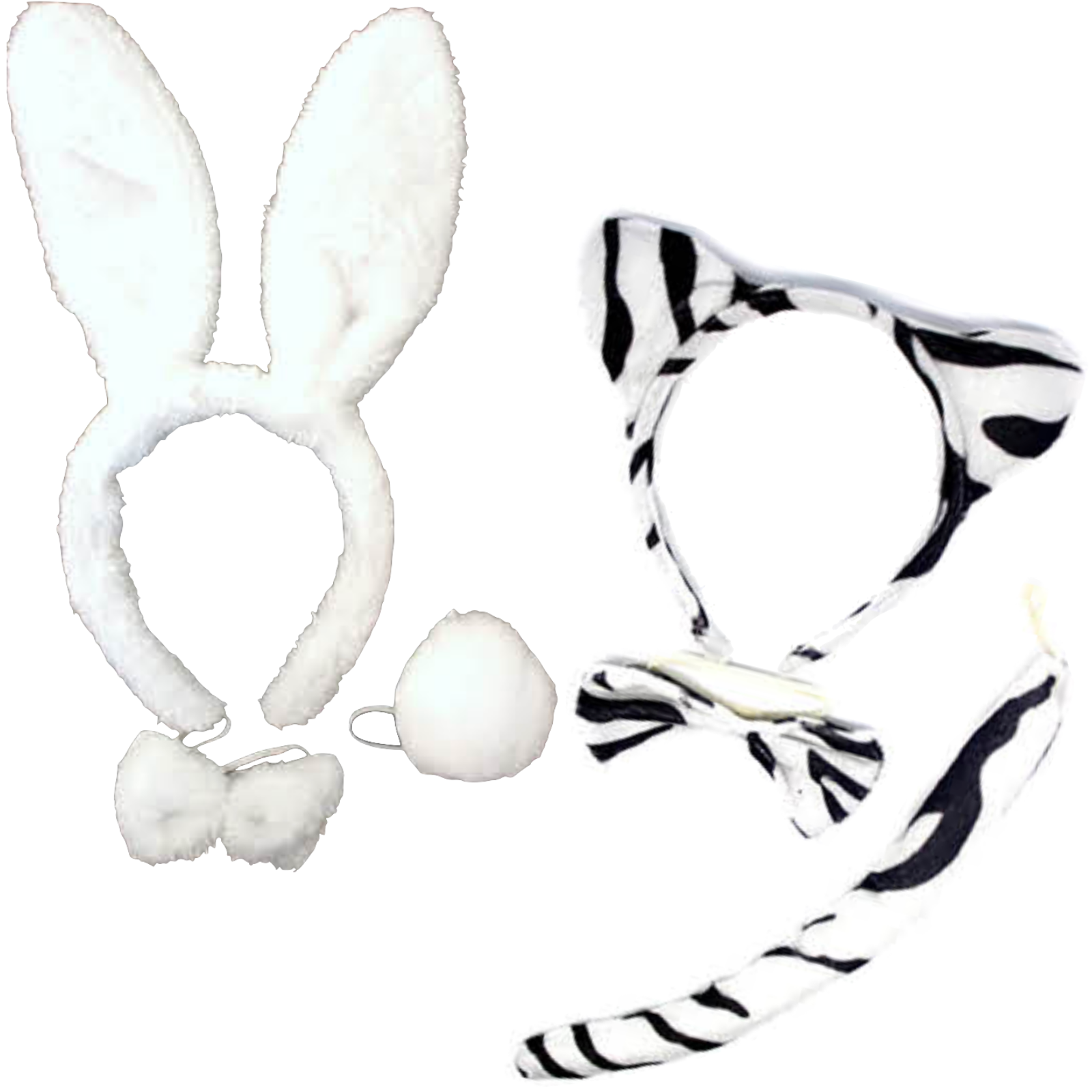 V563-17201_RABBITZEBRASET-184597-00 2pc Set Animal Headband w Bow Tail Rabbit + Zebra Ears Costume Halloween Party - Image 1