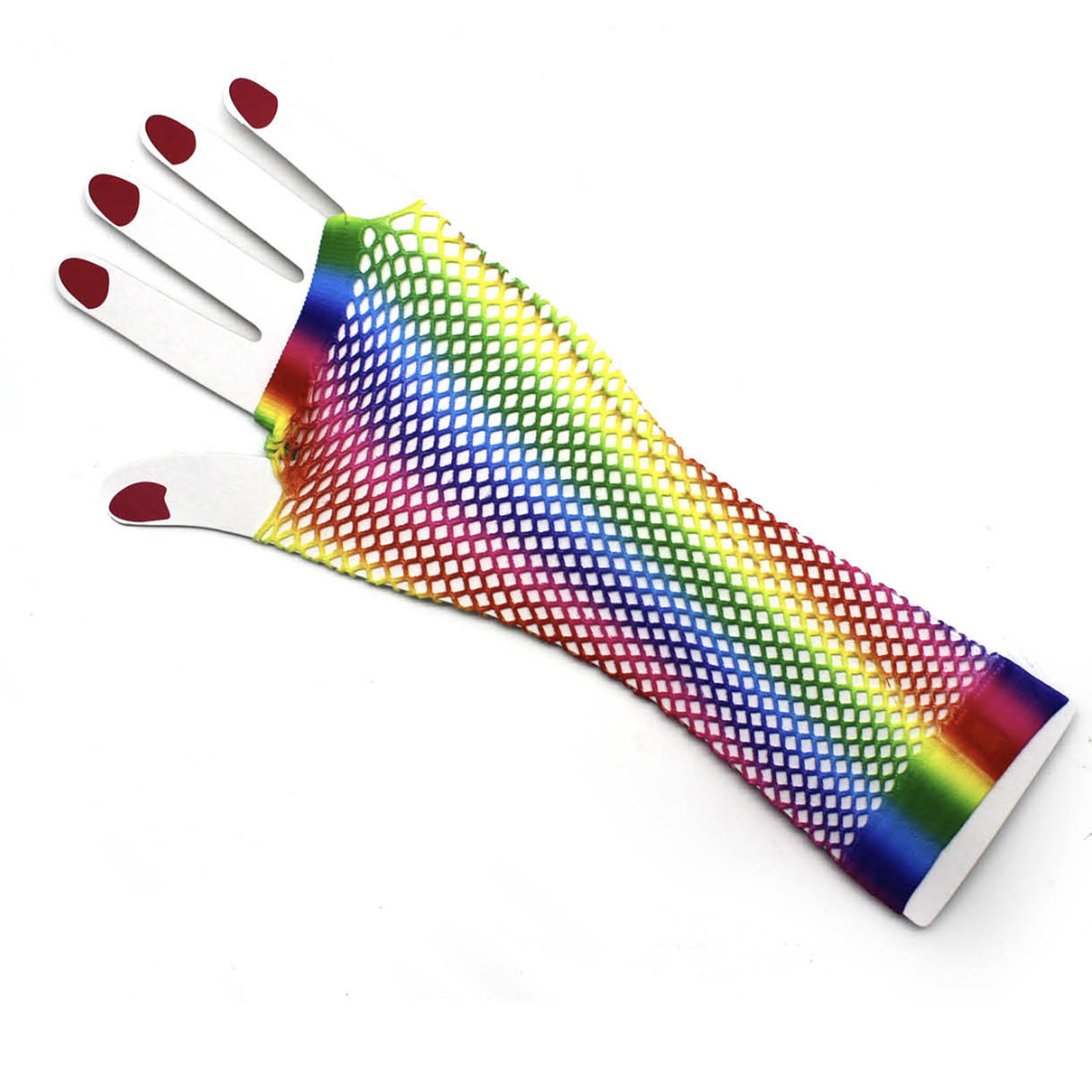 V563-18509-VERTICALSTRIPE-184427-00 Rainbow Stripe Fishnet Fingerless Gloves 80s Costume Burlesque Dance Mardi Gras - Image 1