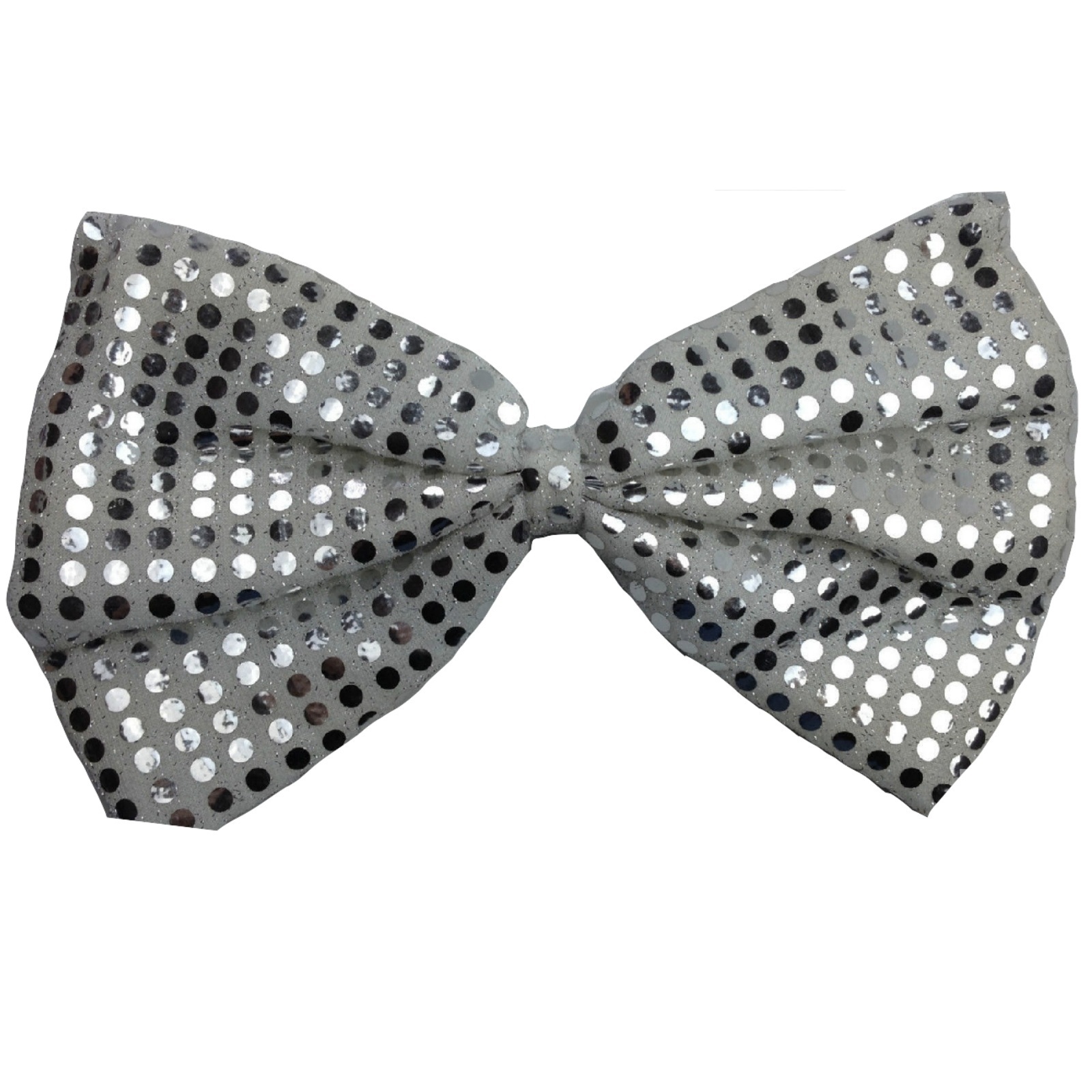 V563-19430-WHTSLV-185092-00 LARGE BOW TIE Sequin Polka Dots Bowtie Big King Size Party Costume - White/Silver - Image 1
