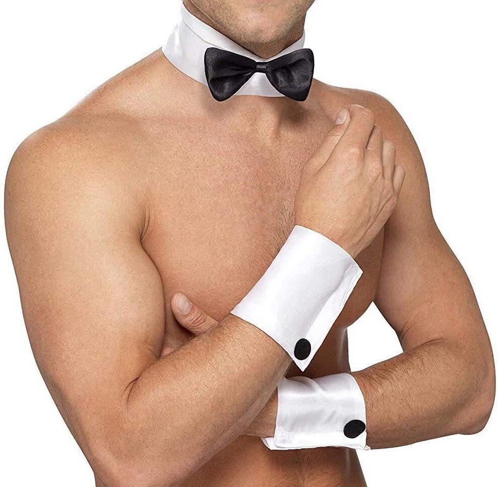 V563-19861-184758-00 Male Stripper Set Costume Cuffs Collar & Bow Tie Waiter Fun Kit Fancy Dress - Image 1
