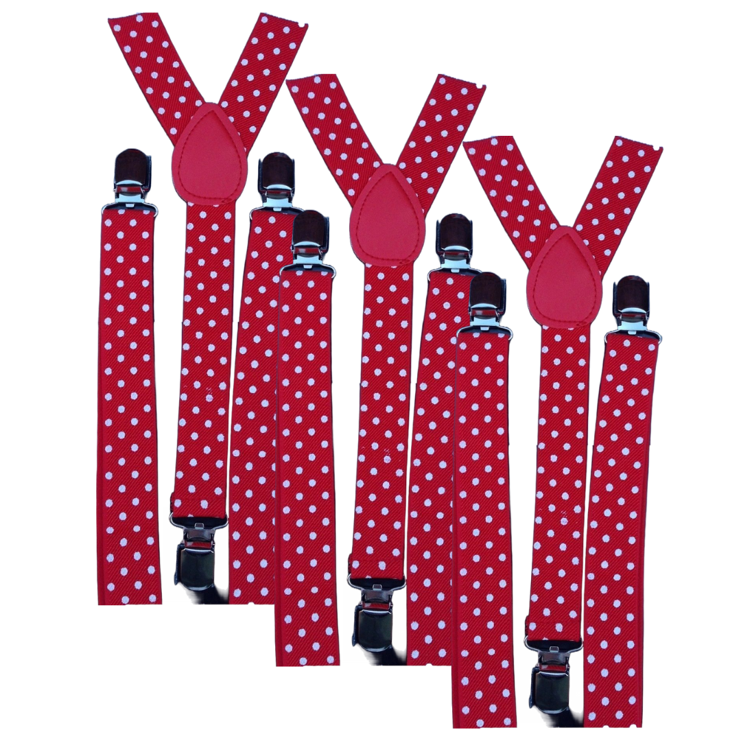 V563-3SLIMSUSPEND-REDWHTPLKADT-184514-00 3x Mens Suspenders Braces Adjustable Strong Clip On Elastic Formal Wedding Slim - Red with White Polka Dot - Image 1