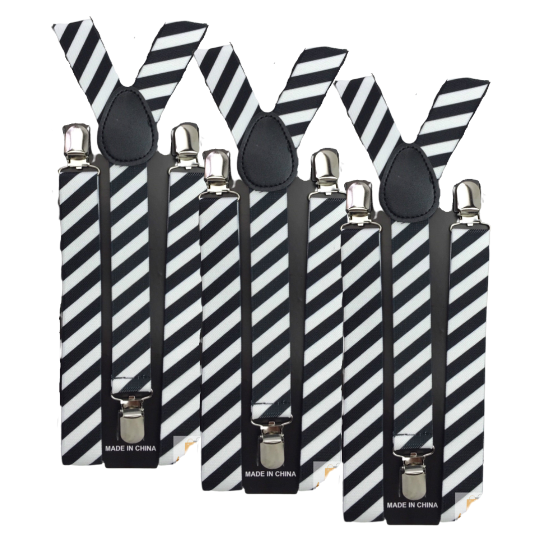 V563-3SLIMSUSPENDERS-BLKWHTDIA-184384-00 3x Mens Suspenders Braces Adjustable Strong Clip On Elastic Formal Wedding Slim - Black/White Diagonal Stripes - Image 1
