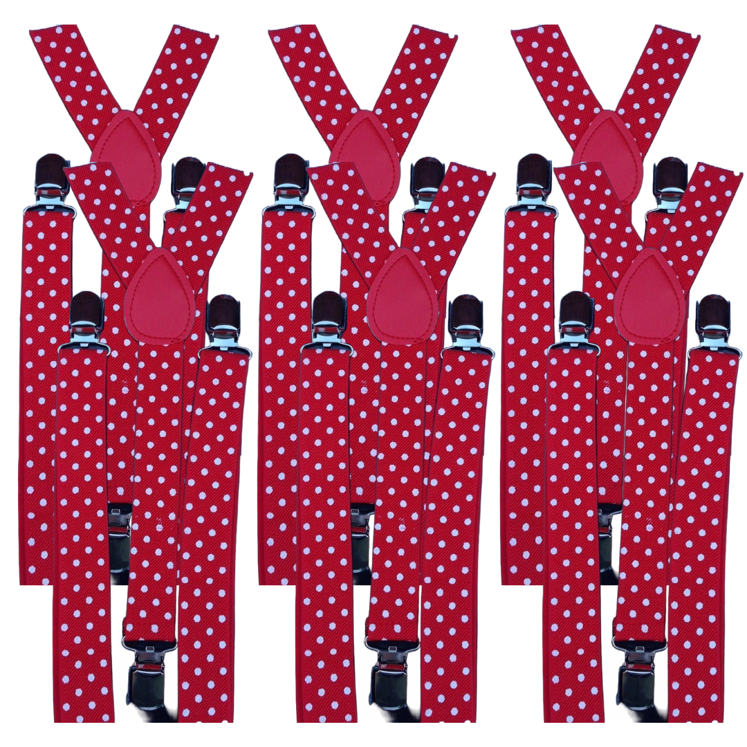 V563-6SLIMSUSPEN-REDWWHTPLKDOT-202503061036-00 6x Mens Suspenders Braces Adjustable Strong Clip On Elastic Formal Wedding BULK - Red with White Polka Dot - Image 1