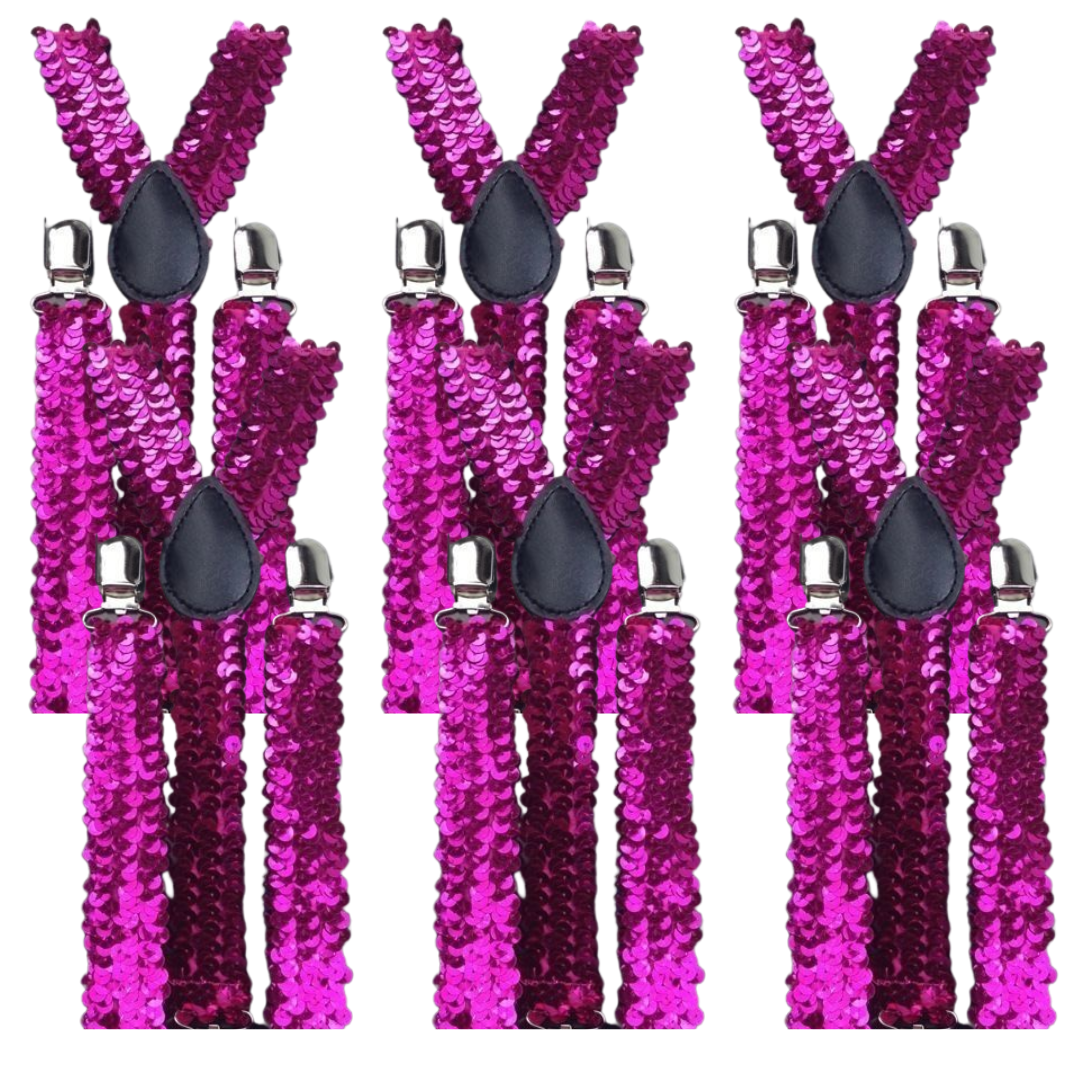 V563-6SLIMSUSPENDERS-HTPNKSEQN-202503061035-00 6x Mens Suspenders Braces Adjustable Strong Clip On Elastic Formal Wedding BULK - Hot Pink (Sequin) - Image 1