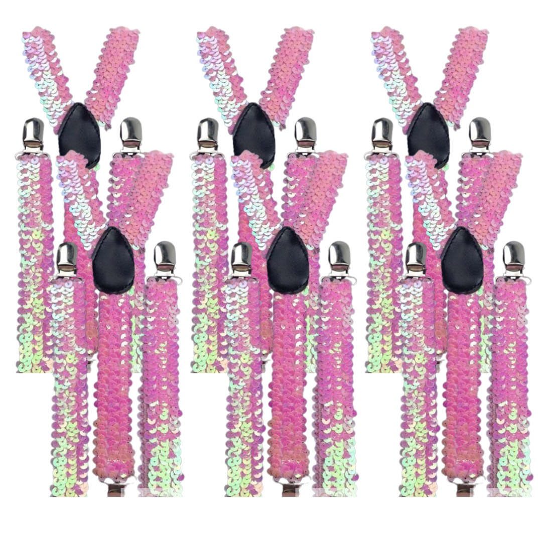 V563-6SLIMSUSPENDERS-LTPNKSEQN-202503061035-00 6x Mens Suspenders Braces Adjustable Strong Clip On Elastic Formal Wedding BULK - Light Pink (Sequin) - Image 1