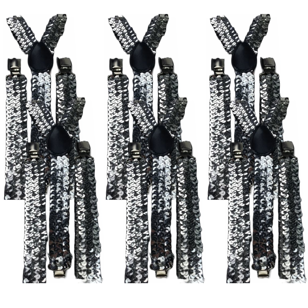 V563-6SLIMSUSPENDERS-SLVSEQN-202503061040-00 6x Mens Suspenders Braces Adjustable Strong Clip On Elastic Formal Wedding BULK - Silver (Sequin) - Image 1