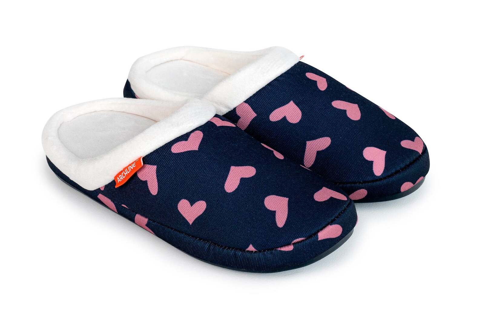 V563-AS302-37-202503051915-00 ARCHLINE Orthotic Slippers Slip On Scuffs Pain Relief Moccasins - Navy with Hearts - EUR 37 (Womens US 6) - Image 1