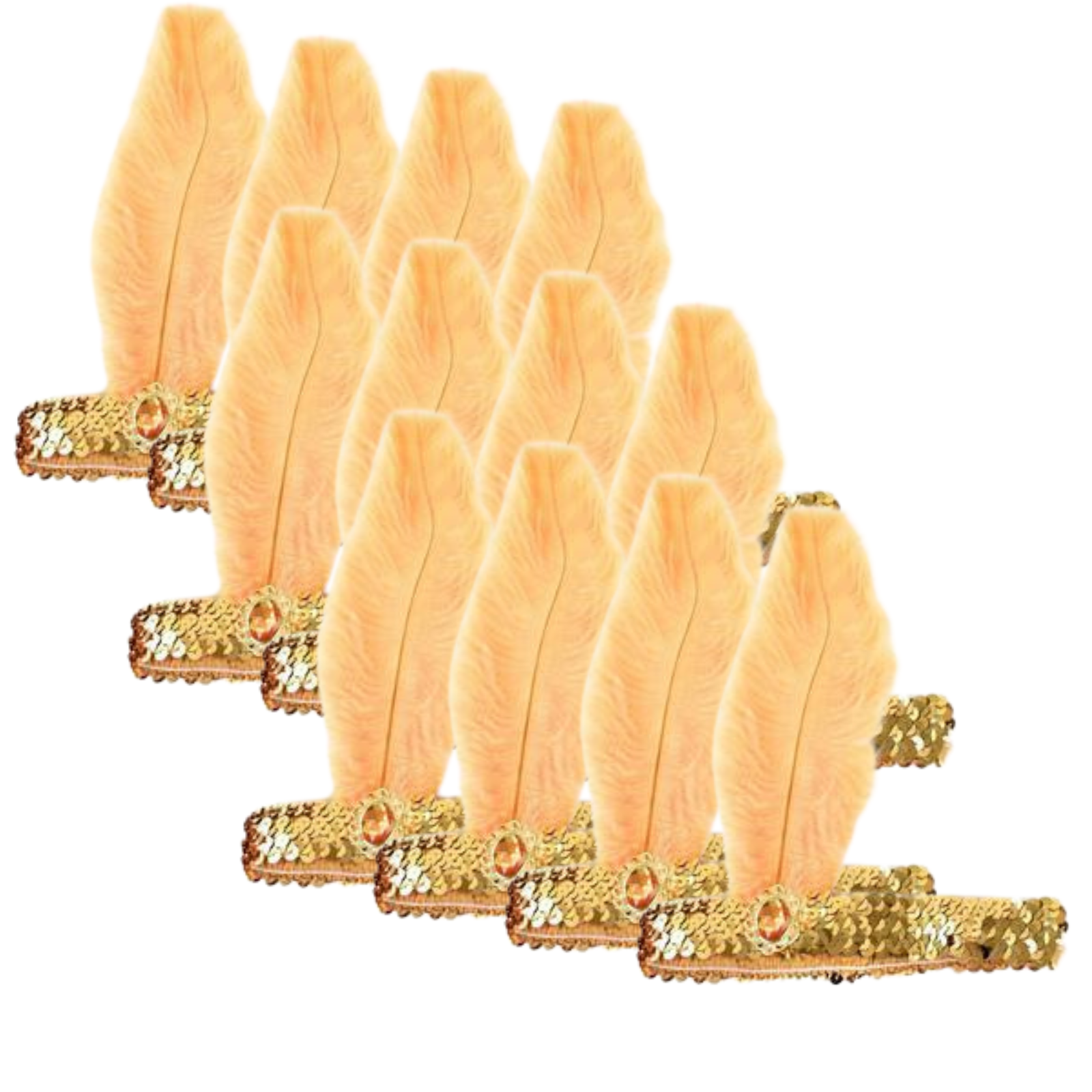 V563-BR-12FLAPPERHDBND-GLDORNG-202503072110-00 12x 1920s FLAPPER HEADBAND Headpiece Feather Sequin Charleston Gatsby Party BULK - Gold/Orange - Image 1