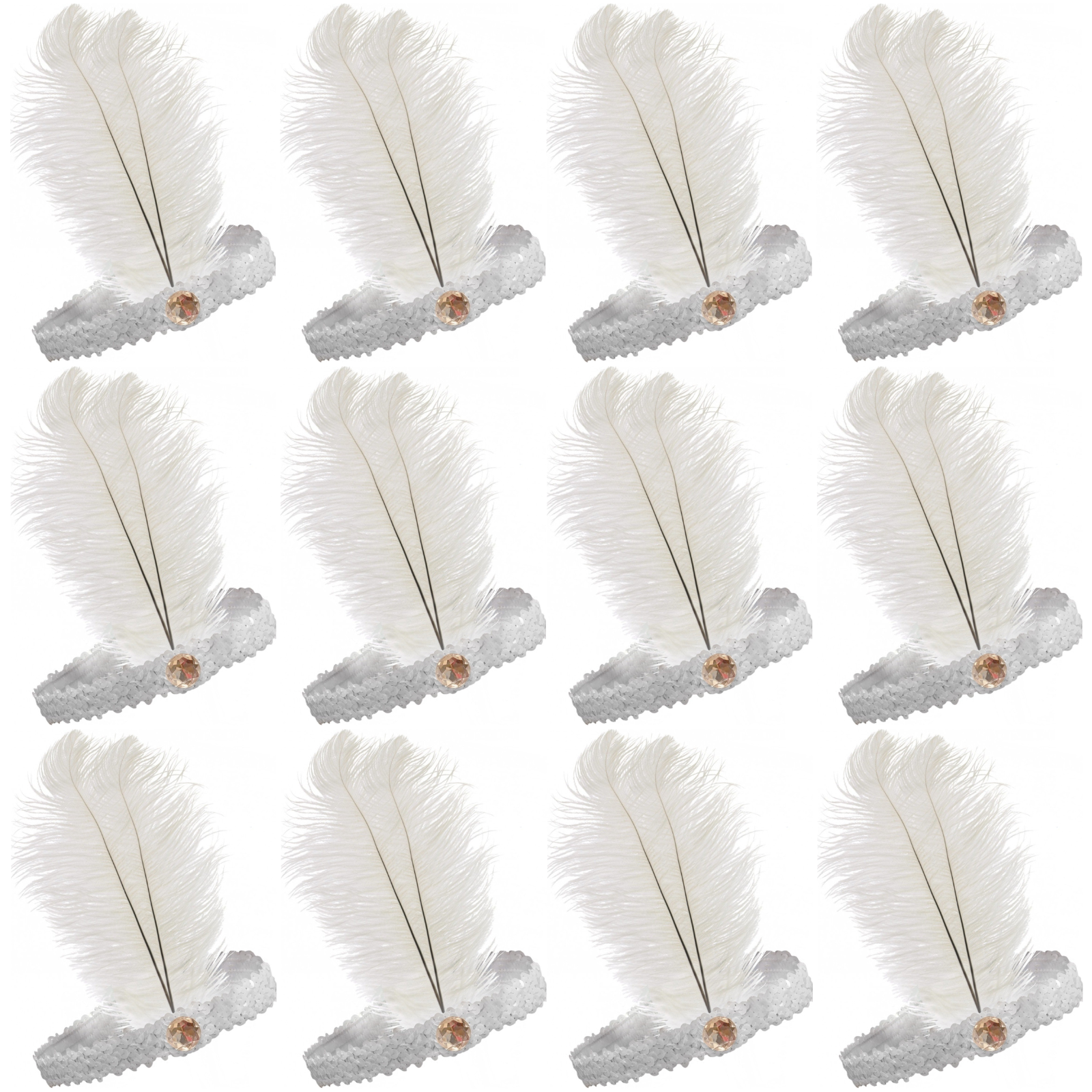 V563-BR-12FLAPPERHDBND-WHT-197213-00 12x 1920s FLAPPER HEADBAND Headpiece Feather Sequin Charleston Gatsby Party BULK - White - Image 1
