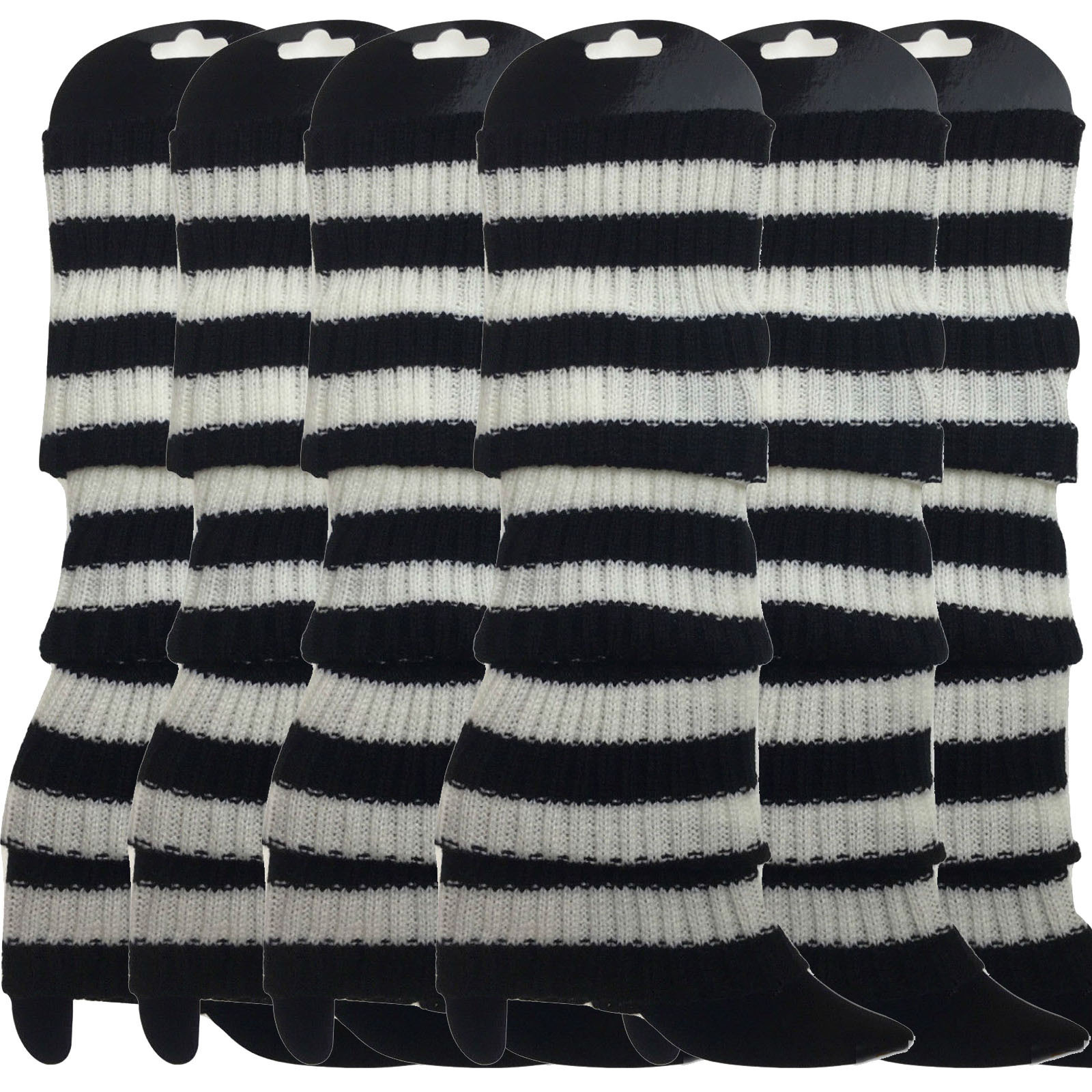 V563-BR-6LEGWARMRS-BLKWHTSTR-202506190511-00 6x Womens Leg Warmers Disco Winter Knit Dance Party Crochet Legging Socks Costume - Black/White Stripe - Image 1