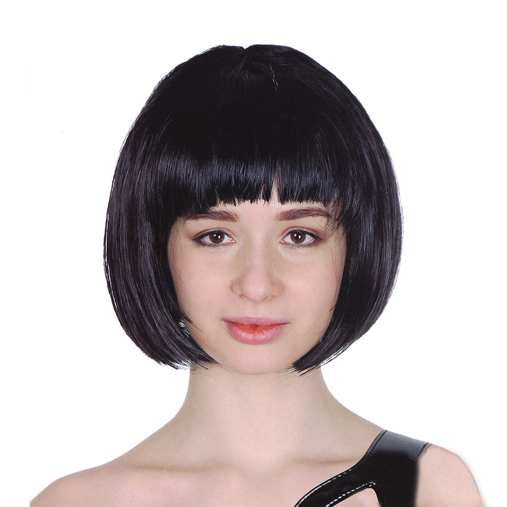 V563-BR-BOBW-BLK-185079-00 Bob Wig Costume Short Straight Fringe Cosplay Party Womens Hair - Black - Image 1