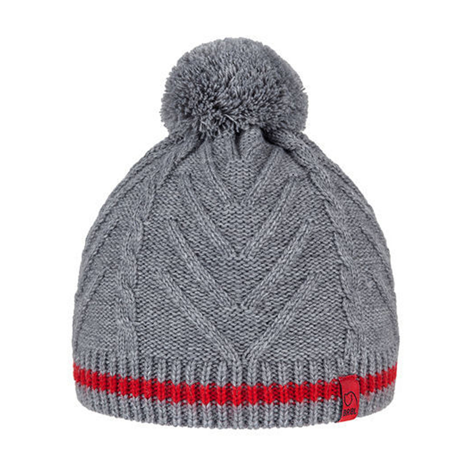V563-BR-BRBLMWHAT-GRYRED-S-202503261221-00 BRBL Merino Wool Blend Pull On BEANIE Hat Knitted Pom Pom - Grey/Red - S - Image 1