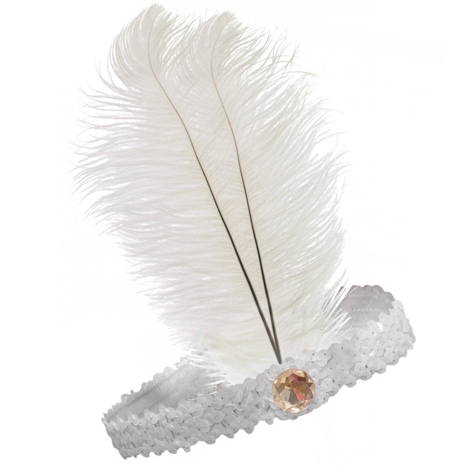 V563-BR-FLAPHEADB-WHT-184726-00 1920s FLAPPER HEADBAND Headpiece Feather Sequin Charleston Costume Gatsby Dance - White - Image 1
