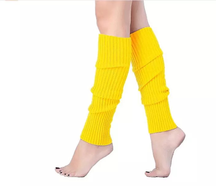 V563-BR-LEGW-YLW-202503051435-00 Pair of Womens Leg Warmers Disco Winter Knit Dance Party Crochet Legging Socks Costume - Yellow - Image 1