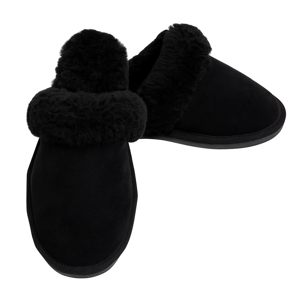 V563-BR-SHEEPSCUFFS-BLKFR-6-202506231235-00 Sheepskin Wool Womens Slippers Scuffs Slip On Winter Ugg Slippers in Black - 6 - Image 1