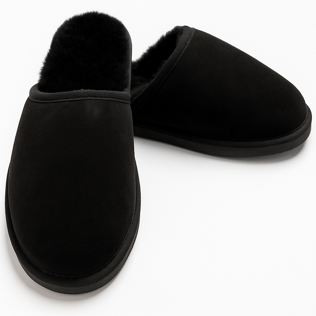 V563-BR-SHEEPSCUFFS-BLKWOFR-9-202506241310-00 Sheepskin Wool Mens Slippers Scuffs Slip On Winter Ugg Slippers in Black - 9 - Image 1