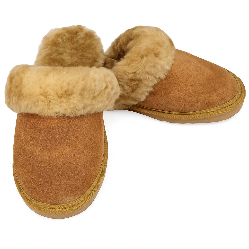 V563-BR-SHEEPSCUFFS-CNTFUR-9-202506231236-00 Sheepskin Wool Womens Slippers Scuffs Slip On Winter Ugg Slippers in Chestnut - 9 - Image 1