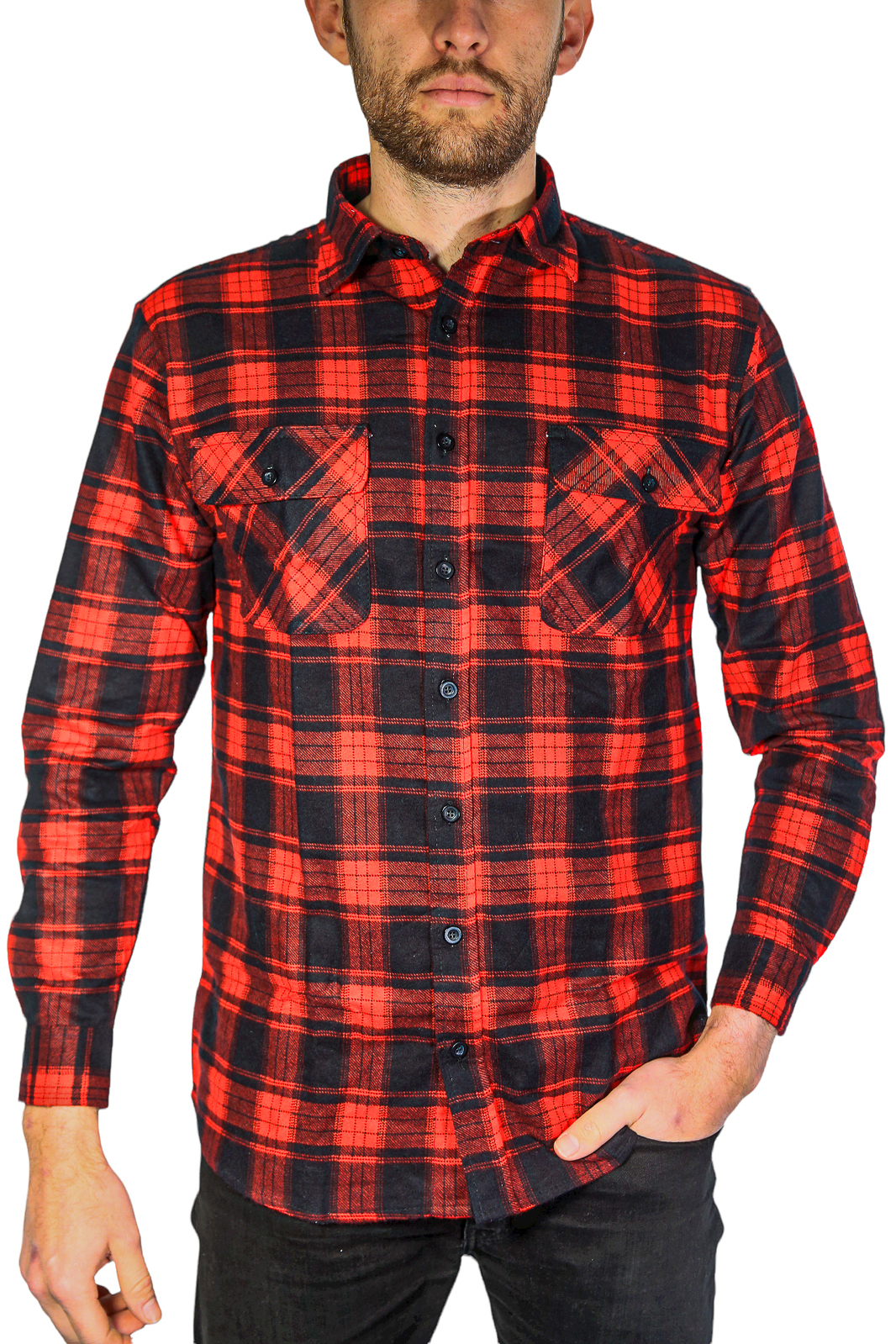 V563-FS-FP20-90-XXL-202503051910-00 Mens Flannelette Long Sleeve Shirt 100% Cotton Check Authentic Flannel - Full Placket - Red - XXL - Image 1