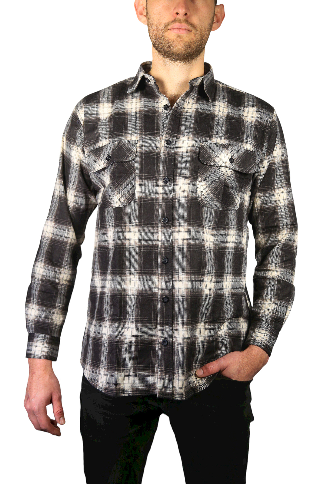V563-FS-FP20-99-5XL-202503051910-00 Mens Flannelette Long Sleeve Shirt 100% Cotton Check Authentic Flannel - Full Placket - Black - 5XL - Image 1