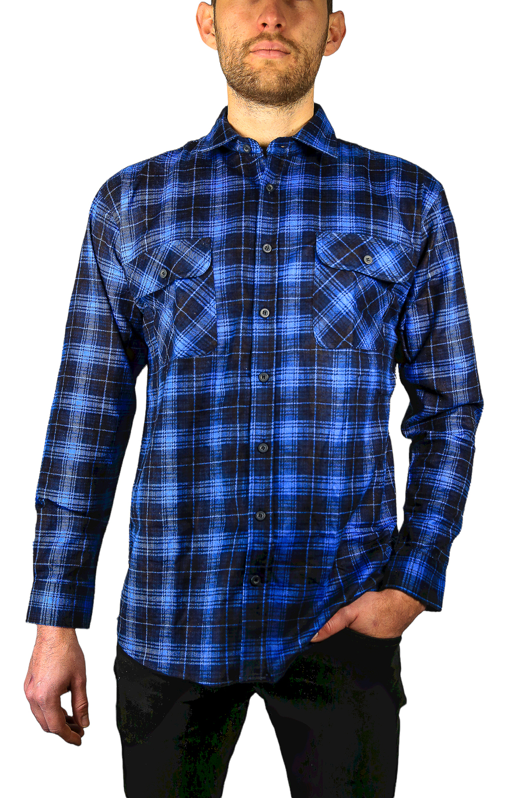 V563-FS-FP22-48-8XL-202503051626-00 Mens 100% Cotton Flannelette Shirt Long Sleeve Check Authentic Flannel - Blue - 8XL - Image 1
