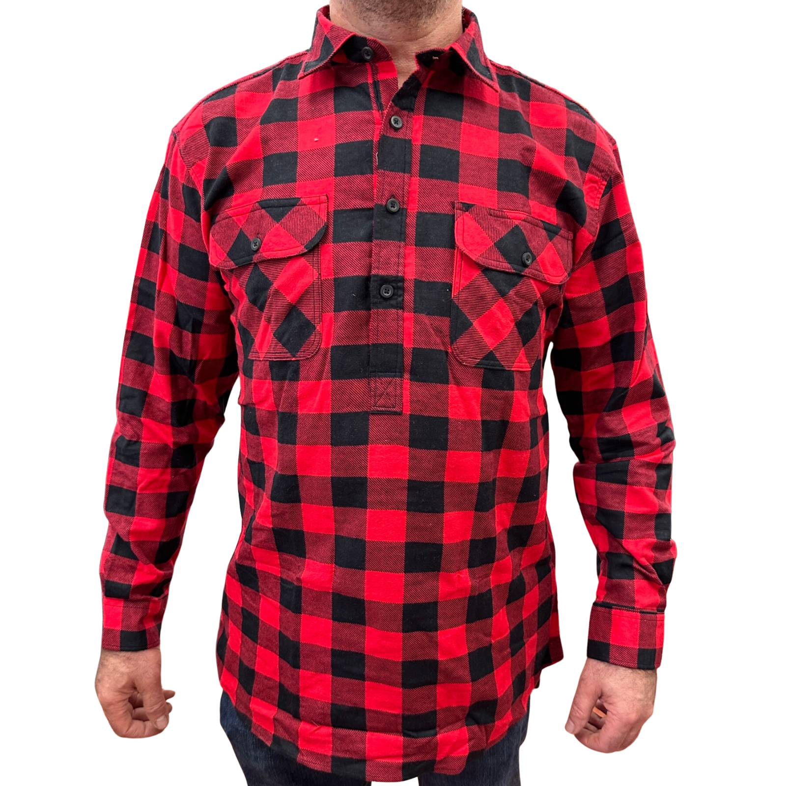V563-FS-HP22-190-3XL-202503051540-00 Mens Flannelette Long Sleeve Pullover Shirt 100% Cotton Flannel - Half Placket - Red/Black - 3XL - Image 1