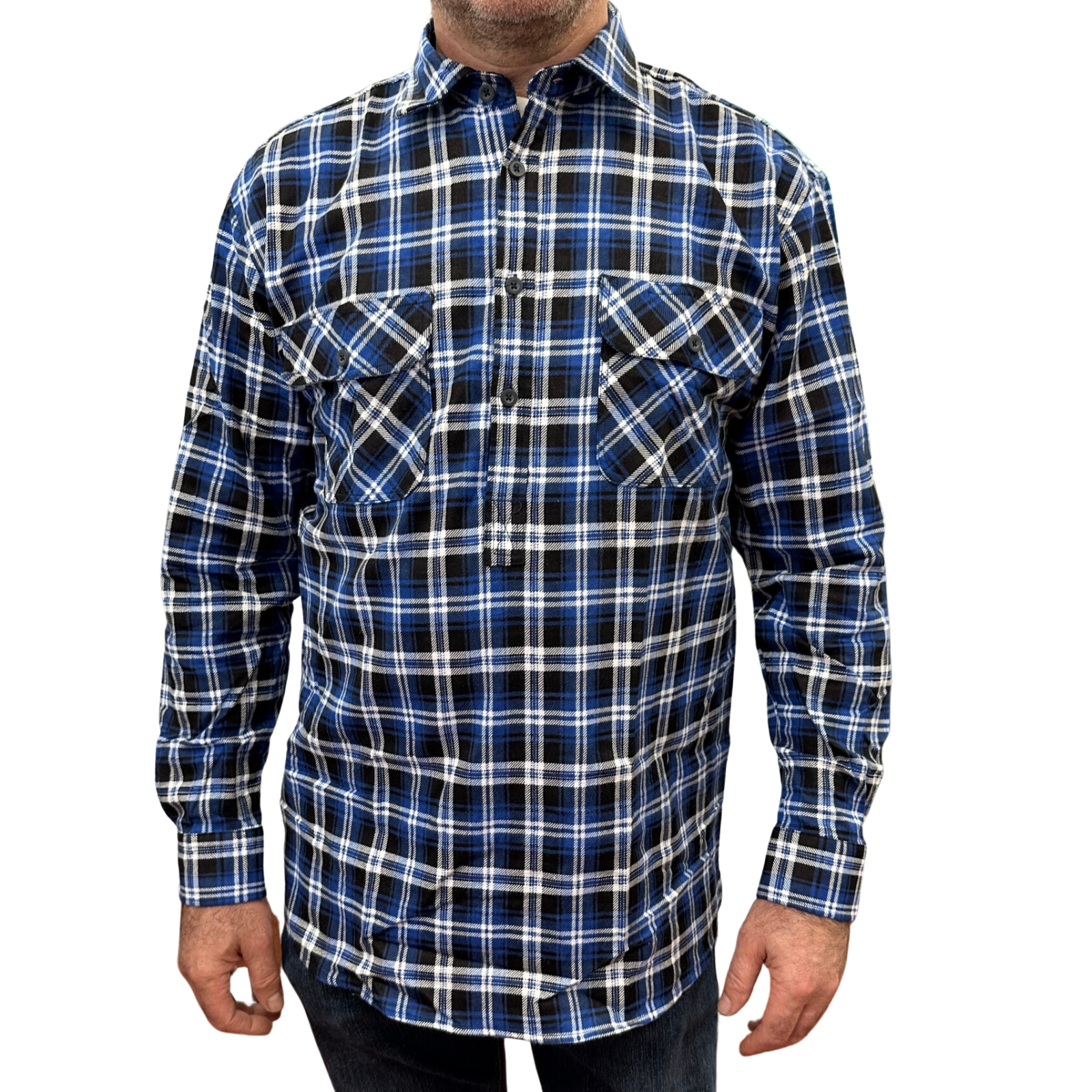 V563-FS-HP22-45-4XL-202503051526-00 Mens Flannelette Long Sleeve Pullover Shirt 100% Cotton Flannel - Half Placket - Blue/Black - 4XL - Image 1