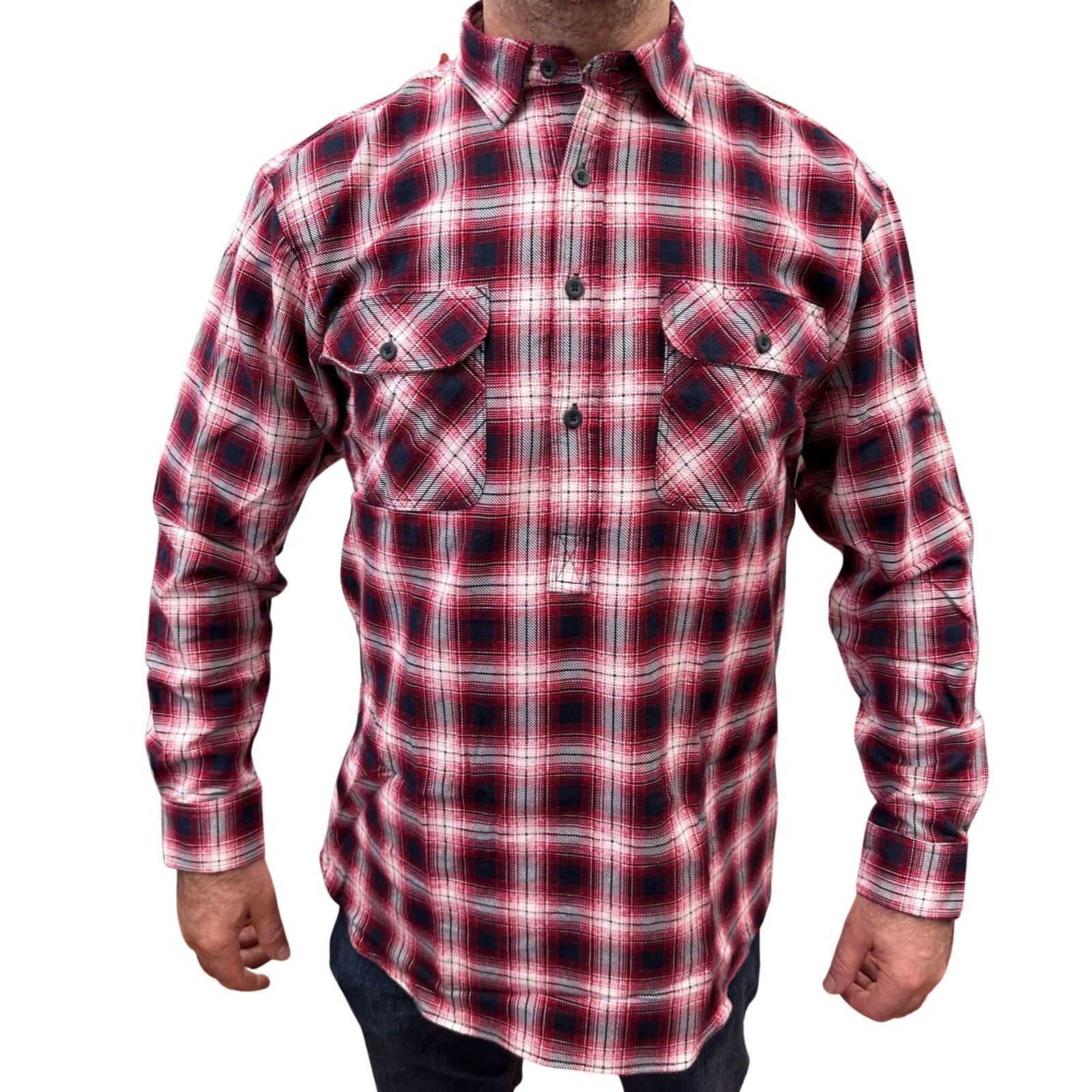 V563-FS-HP22-49-XL-202503051530-00 Mens Flannelette Long Sleeve Pullover Shirt 100% Cotton Flannel - Half Placket - Red/Black - XL - Image 1