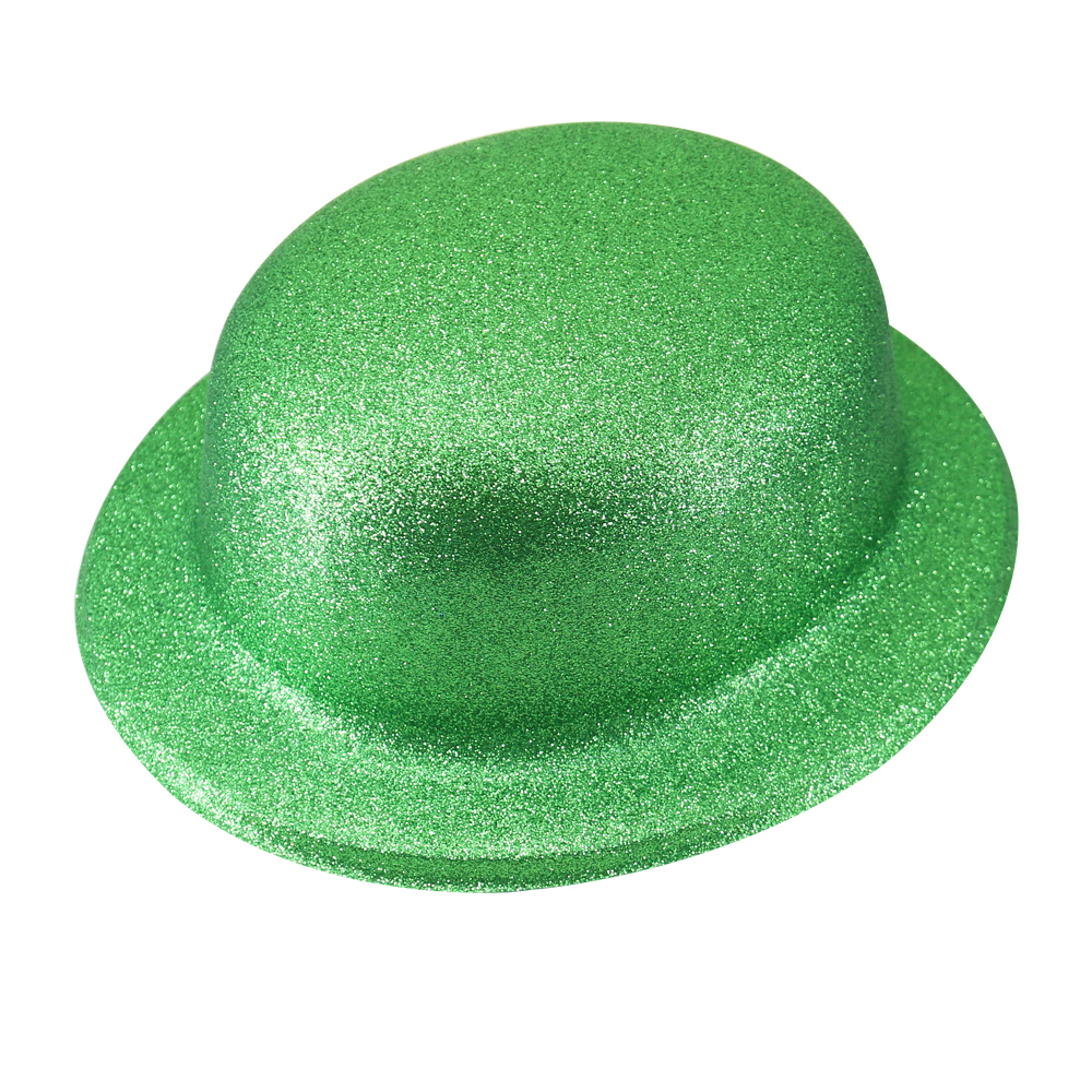 V563-GLTRBWLRHAT-GREEN-202503052050-00 GLITTER BOWLER HAT Fancy Party Plastic Costume Cap Fun Dress Up Sparkle - Green - Image 1