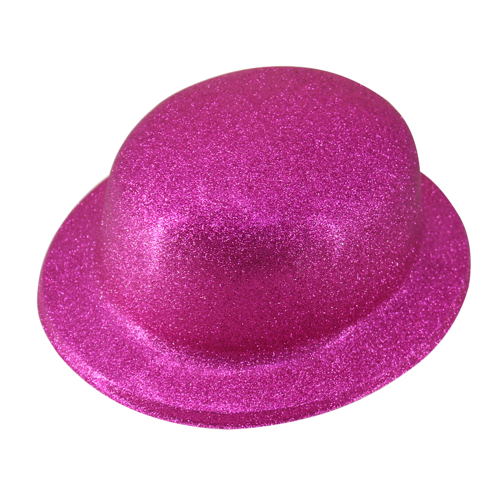 V563-GLTRBWLRHAT-HPINK-202503052055-00 GLITTER BOWLER HAT Fancy Party Plastic Costume Cap Fun Dress Up Sparkle - Hot Pink - Image 1