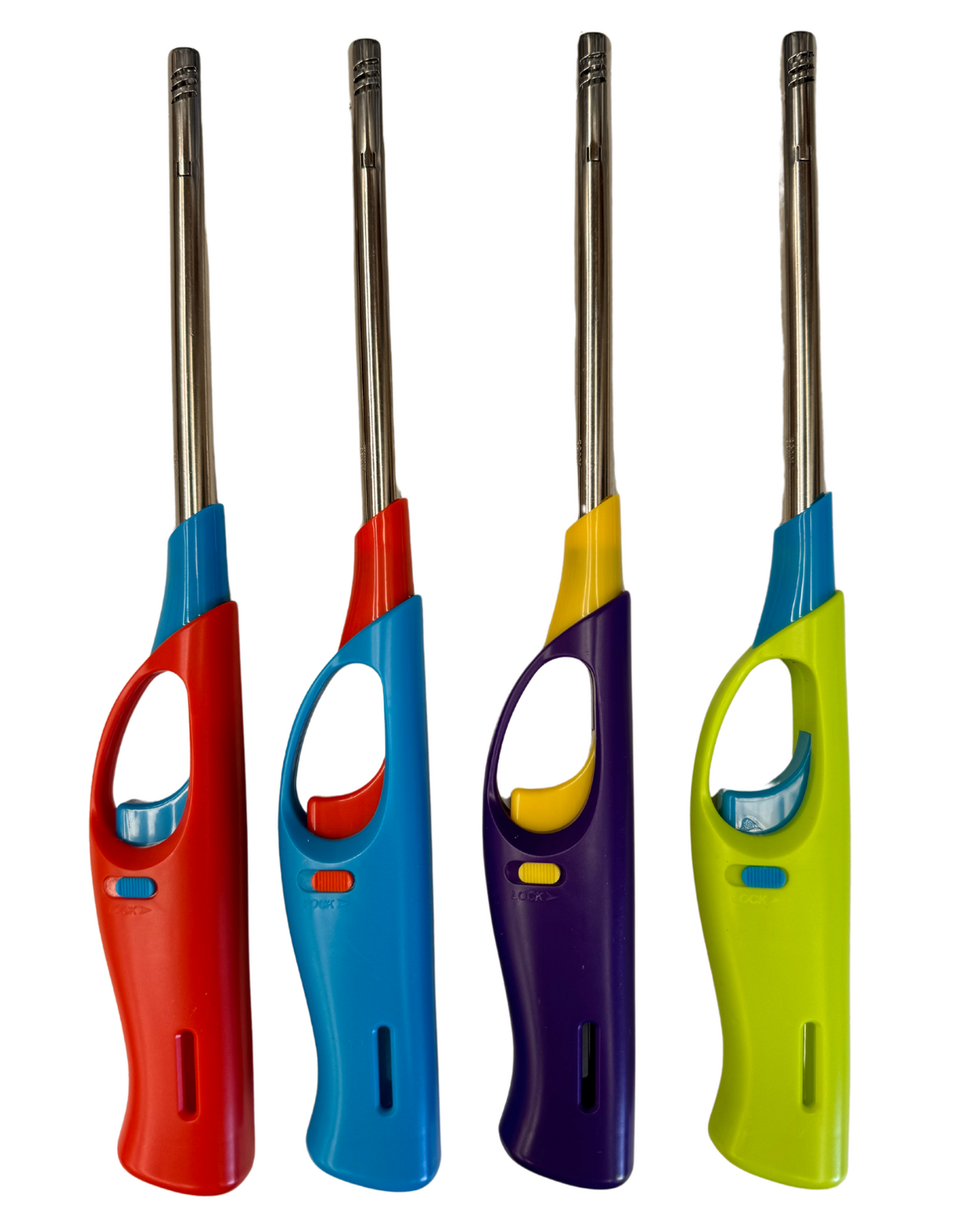 V563-HO-119-4PCS-202505231026-00 4x Long Gas Lighter for BBQ Kitchen Cigarette w/ Safety Lock - Assorted Colours - Image 1