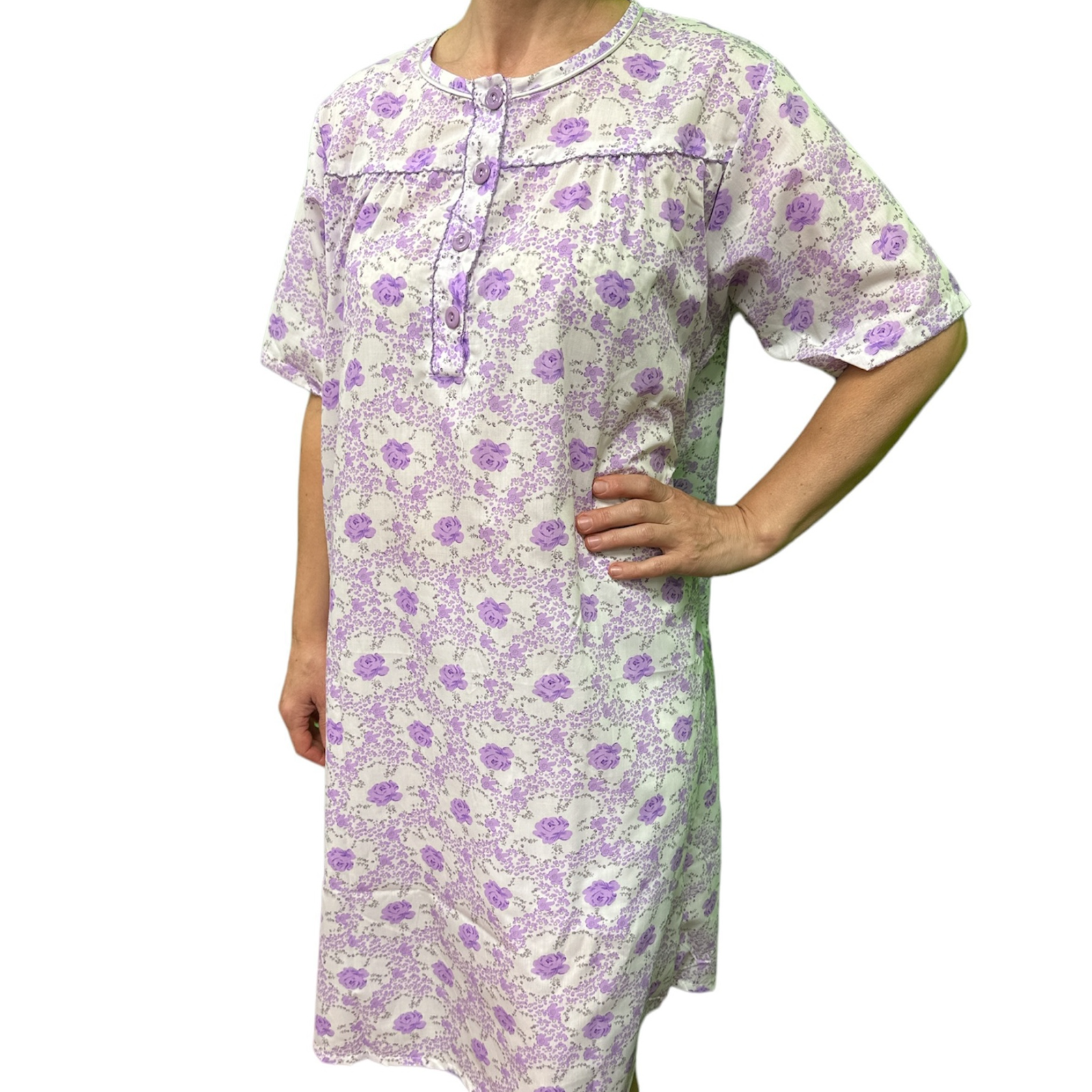 V563-NI-001-LILAC-16-202503051630-00 Womens 100% Cotton Short Sleeve Nightie Gown Night Sleepwear Pyjamas PJ Pajamas - Lilac - 16 - Image 1