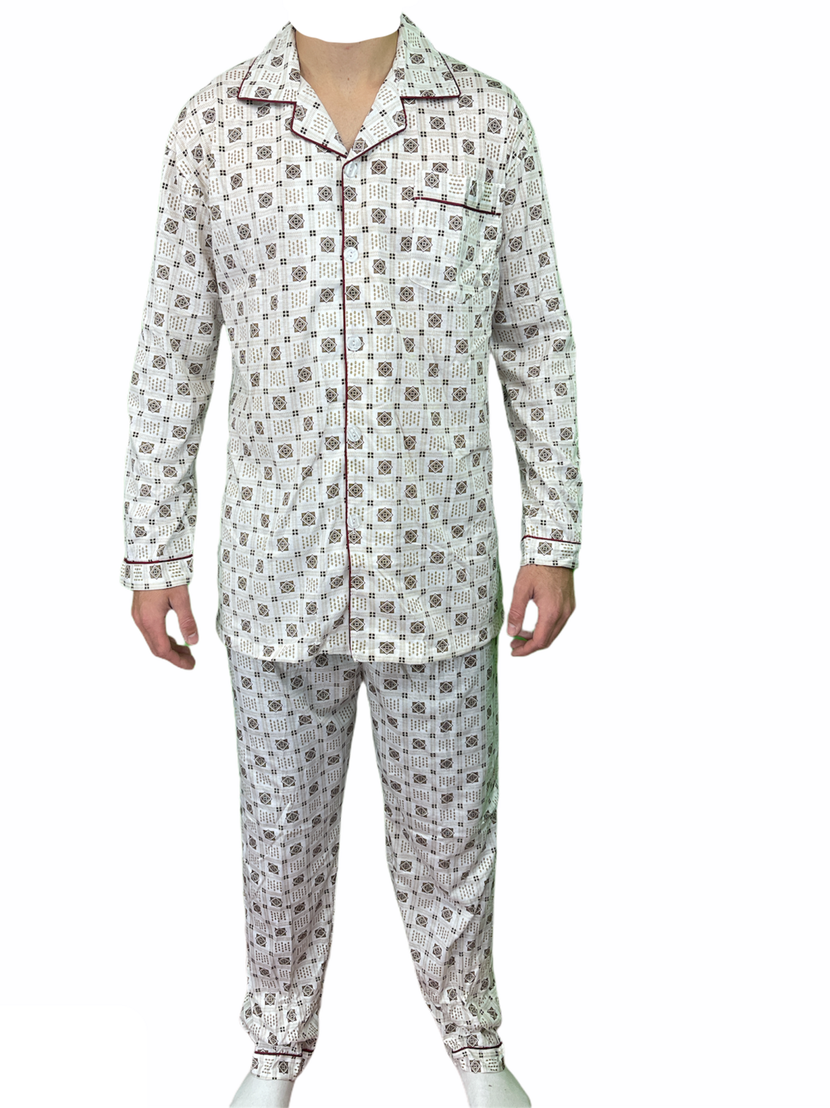 V563-NI-030-BROWN-L-202503051916-00 Mens Cotton Pajamas Pyjamas PJs Long Sleeve Shirt Tops + Pants Set Sleepwear - White/Brown - L - Image 1