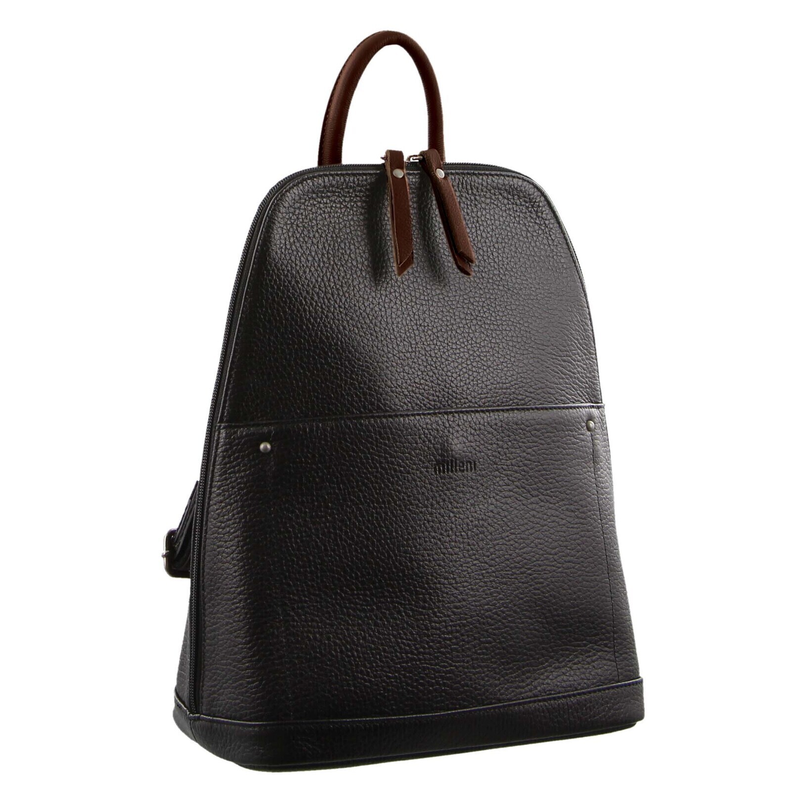 V563-NL-2442-BLK_CHESTNUT-140657-00 Milleni Ladies Genuine Italian Leather Backpack Bag Twin Zip - Black/Chestnut - Image 1