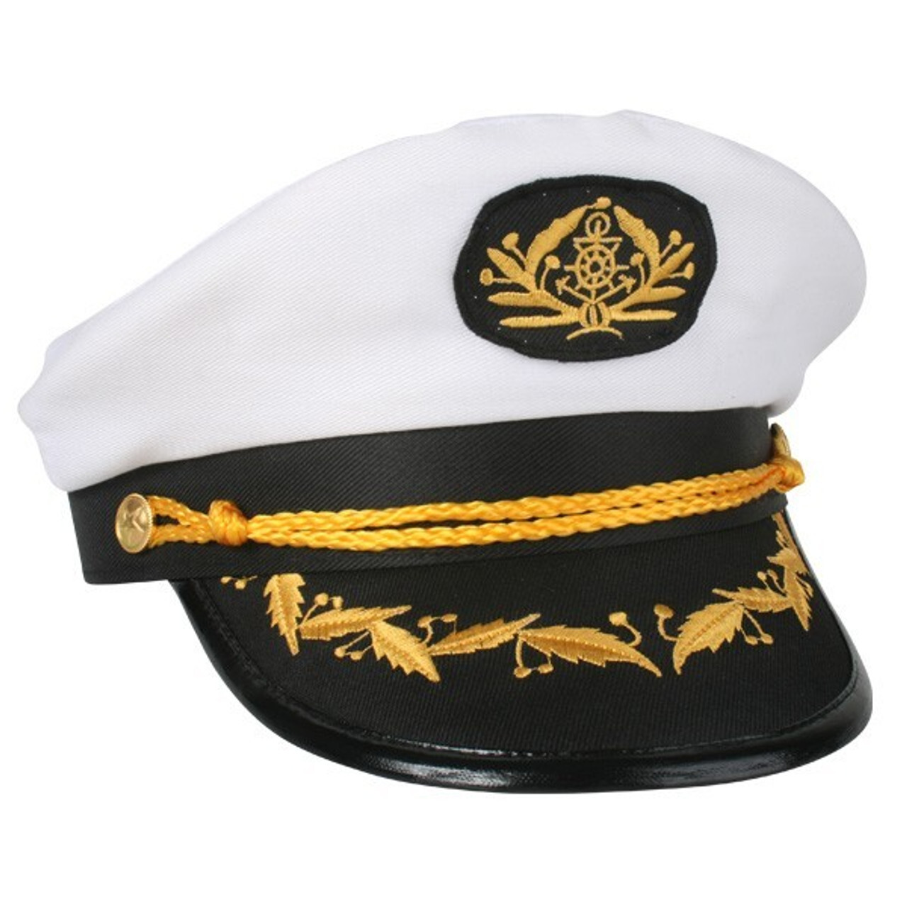 V563-OFFICERHAT-SAILOR_CAPTAIN-185152-00 Captain Hat Adult Party Costume Skipper Sailor Ship Captain Cap - White/Black - Image 1
