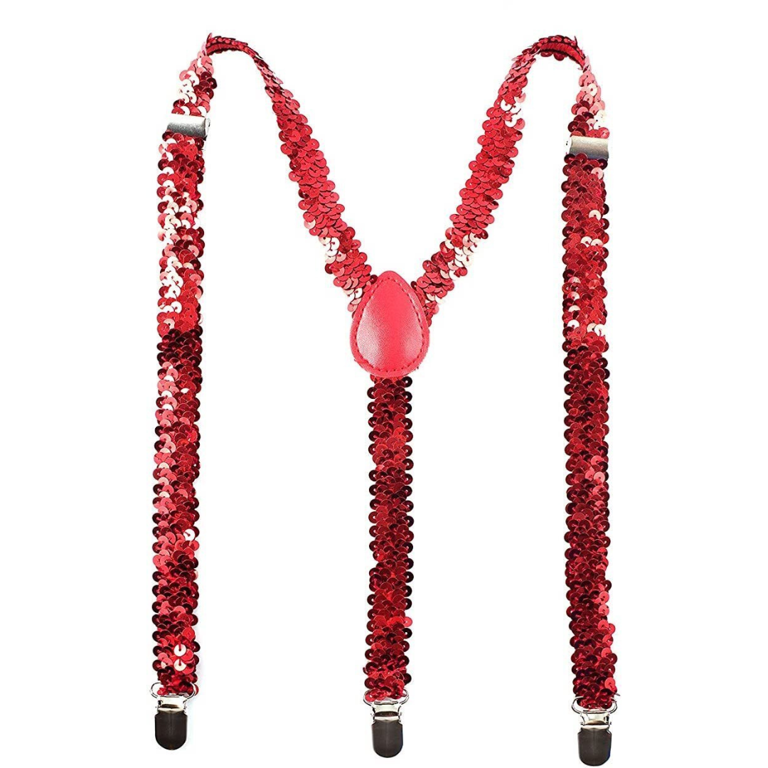 V563-SLIMSUSPENDERS-REDSEQN-184855-00 Mens Suspenders Braces Adjustable Strong Clip On Elastic Formal Wedding Slim - Red (Sequin) - Image 1