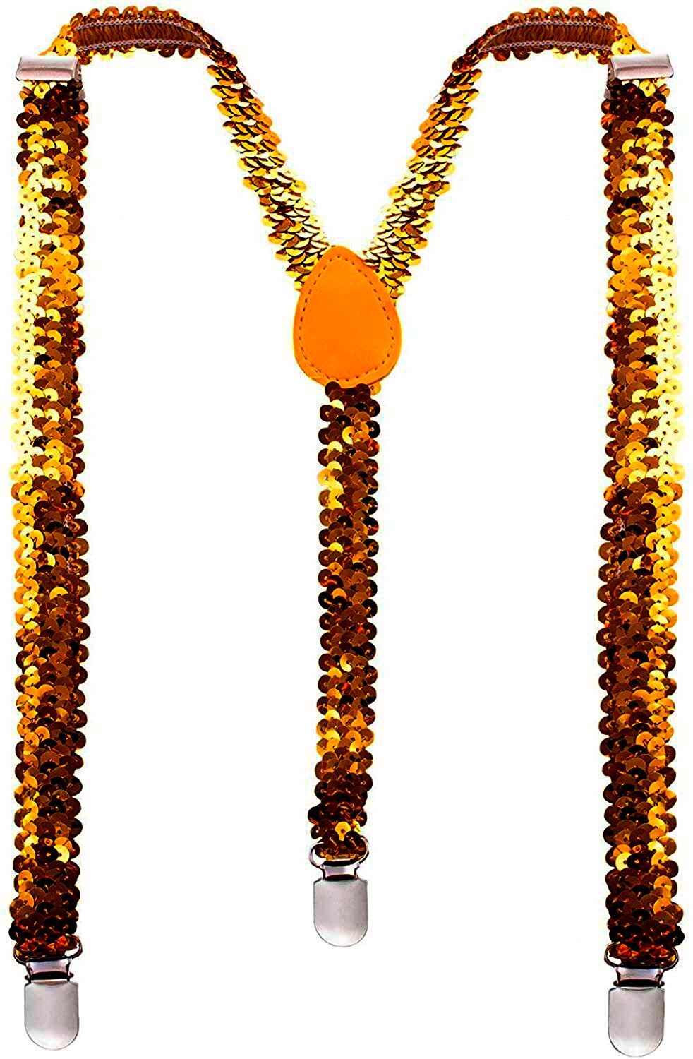 V563-SQNSUSPENDERS-ORG-185120-00 SEQUIN SUSPENDERS Unisex Adjustable Braces Clip On Elastic Y-Back - Orange - Image 1