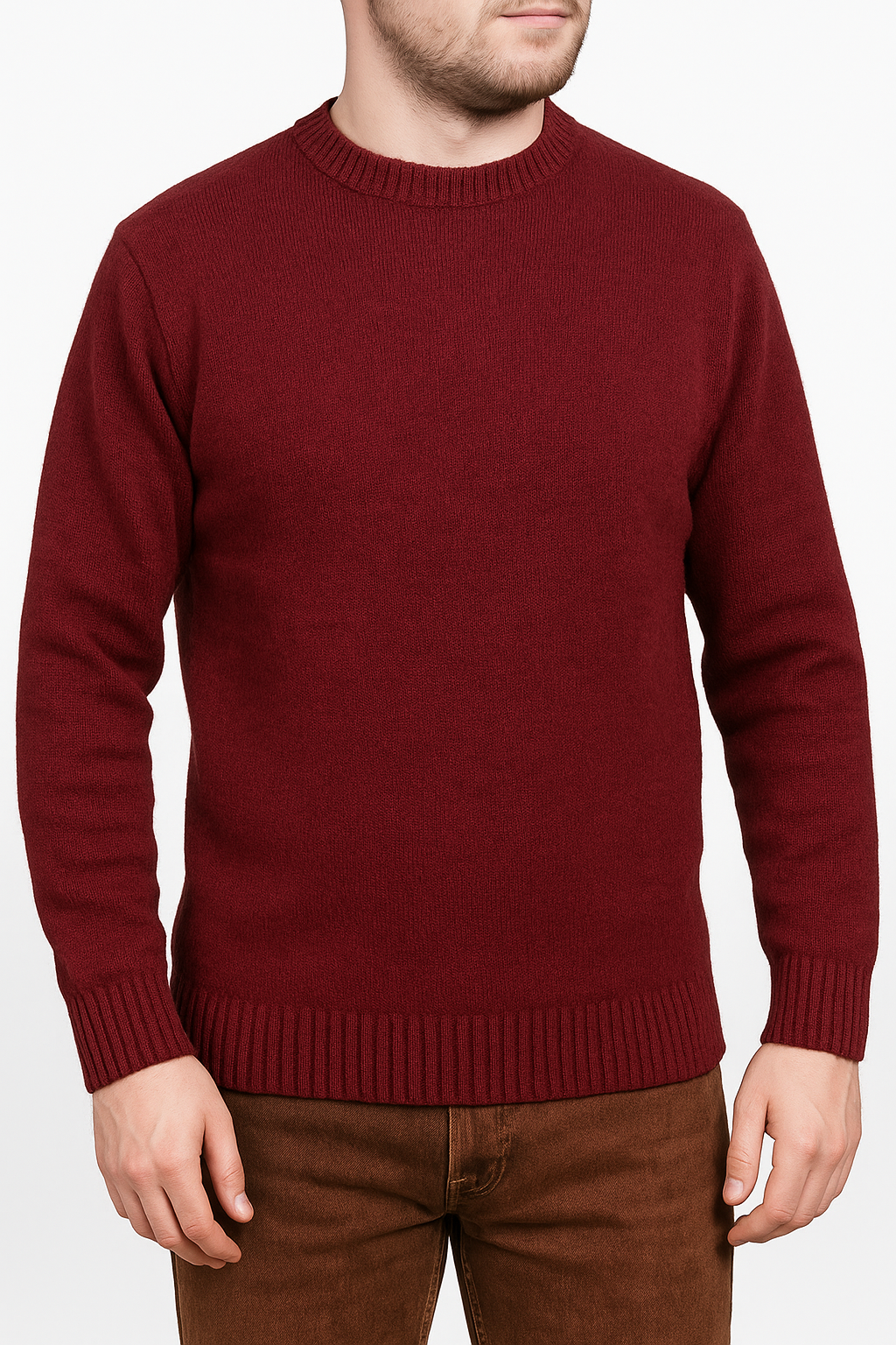 V563-SW-CN-BRGNDY97-5XL-202505121532-00 100% SHETLAND RAGG WOOL CREW Round Neck Knit JUMPER Pullover Mens Sweater Knitted - Burgundy - 5XL - Image 1