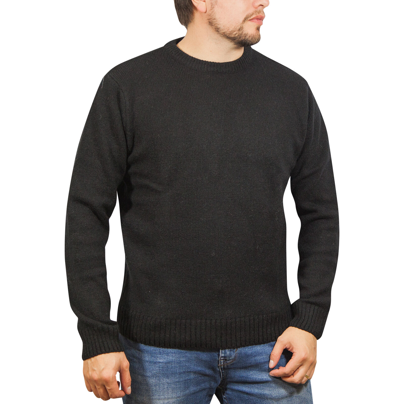 V563-SW-CN-FBK-99B-XXL-202505121514-00 100% SHETLAND RAGG WOOL CREW Round Neck Knit JUMPER Pullover Mens Sweater Knitted - Plain Black - XXL - Image 1