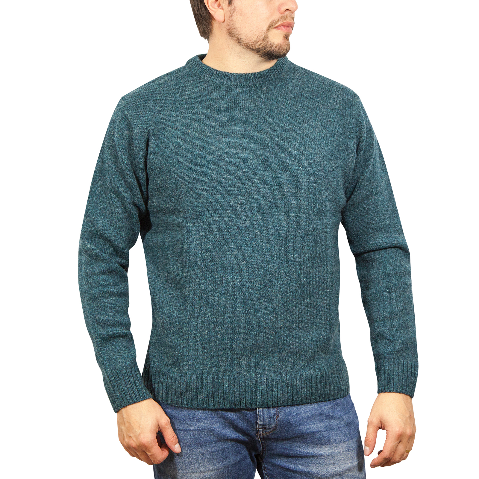 V563-SW-CN-SHD-32-M-202505191826-00 100% SHETLAND RAGG WOOL CREW Round Neck Knit JUMPER Pullover Mens Sweater Knitted - Sherwood - M - Image 1