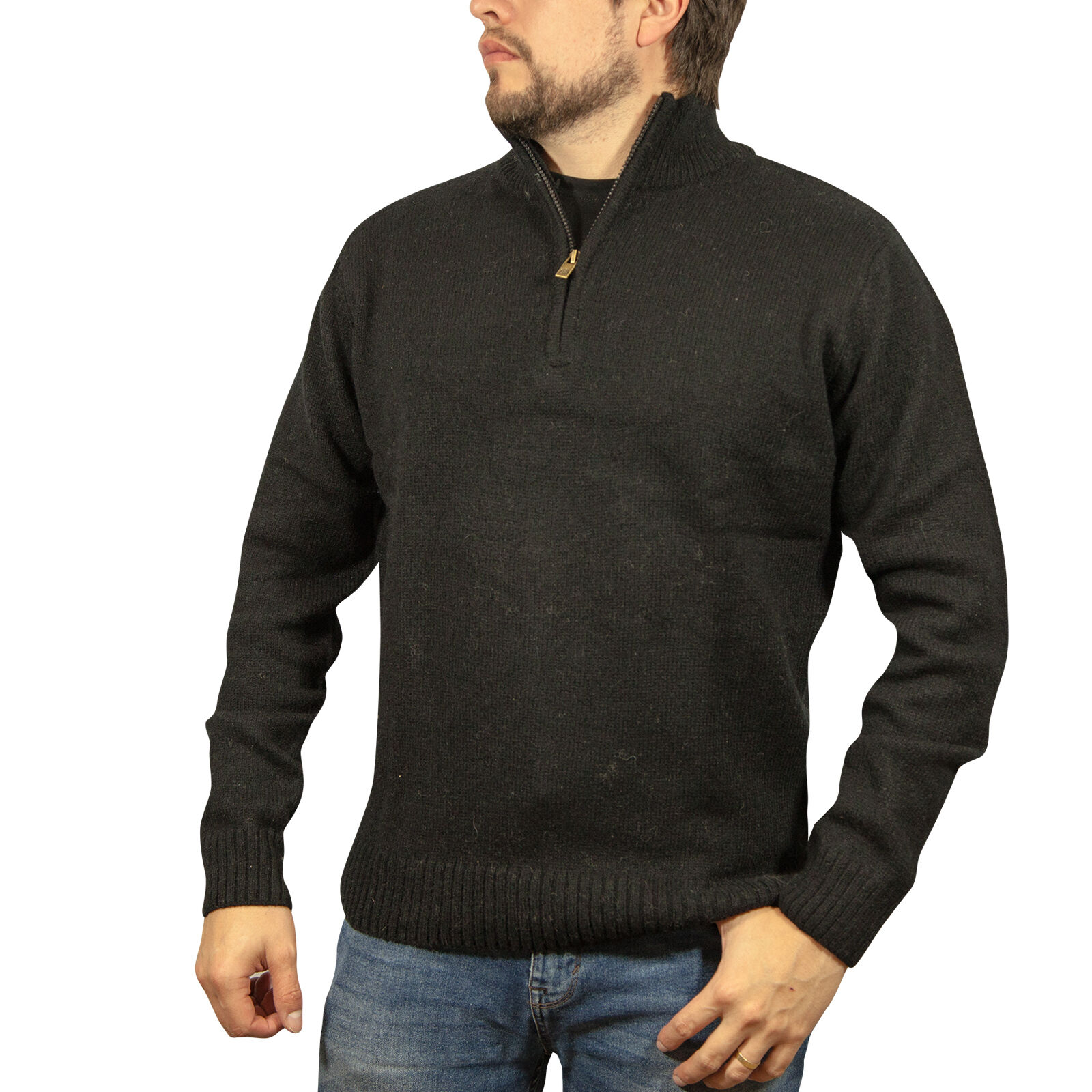 V563-SW-HZ-FBK99B-5XL-202507251105-00 100% SHETLAND RAGG WOOL Half Zip Up Knit JUMPER Pullover Mens Sweater Knitted - Plain Black - 5XL - Image 1